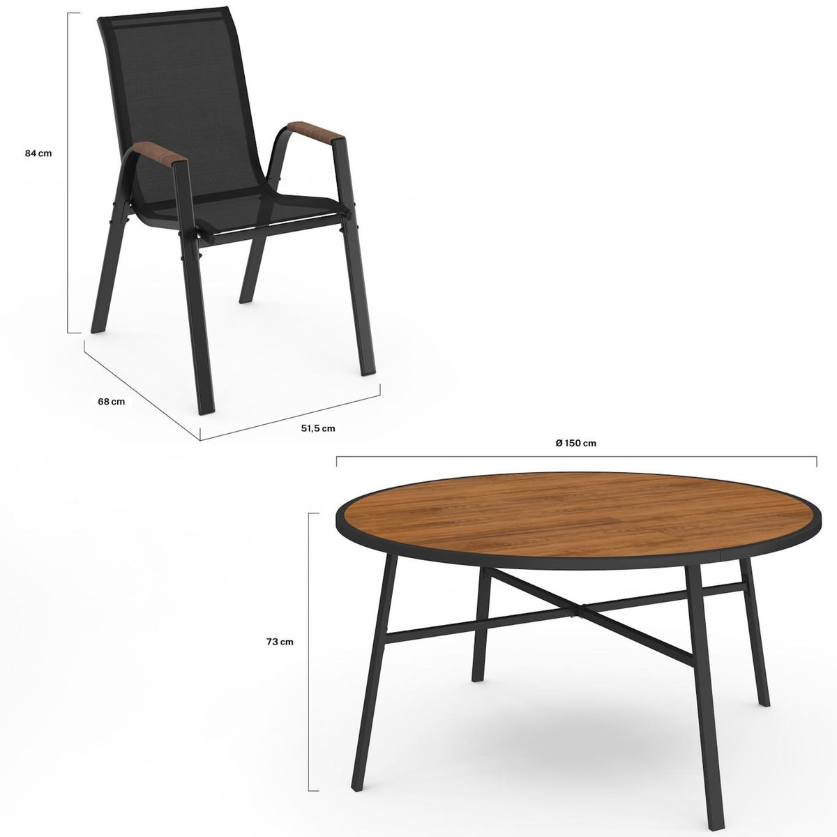 ID MARKET Salon de jardin NOUMEA table ronde 150 cm plateau verre trempé effet bois et 8 chaises empilables noir et bois