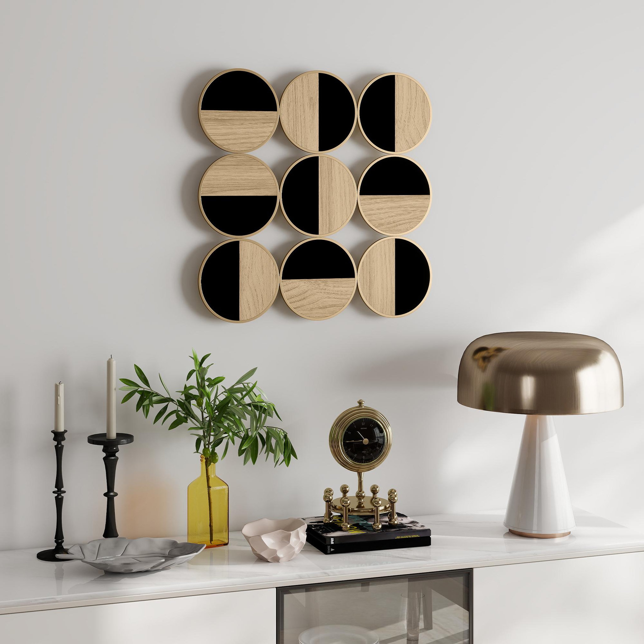 Voir la diapositive 2 : HOMCOM Décoration murale métal doré géométrique 9 disques 60 x 60 cm bicolore effet bois naturel noir