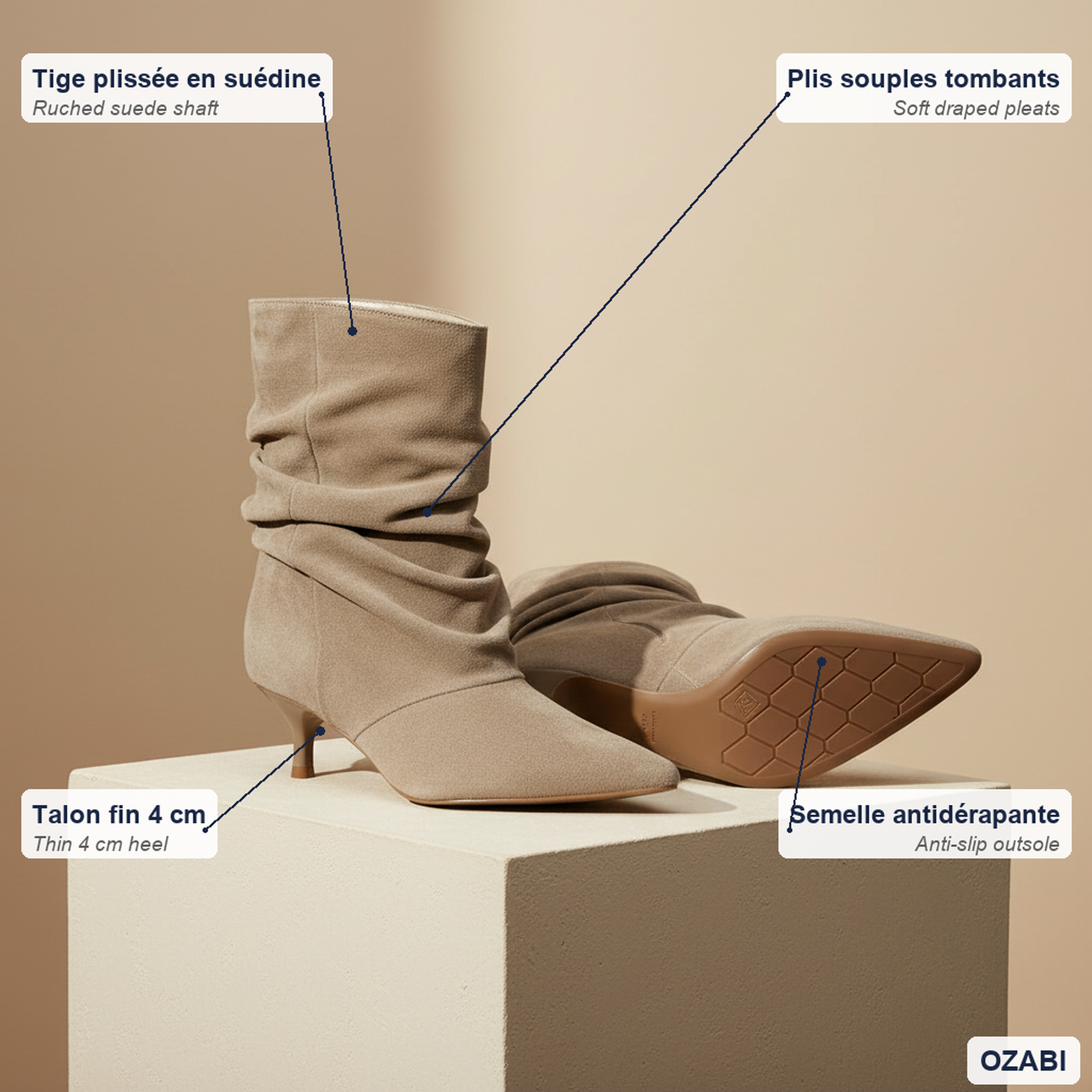 Voir la diapositive 4 : OZABI Ozabi bottines femme suédine plissée talon fin 4 cm bout pointu
