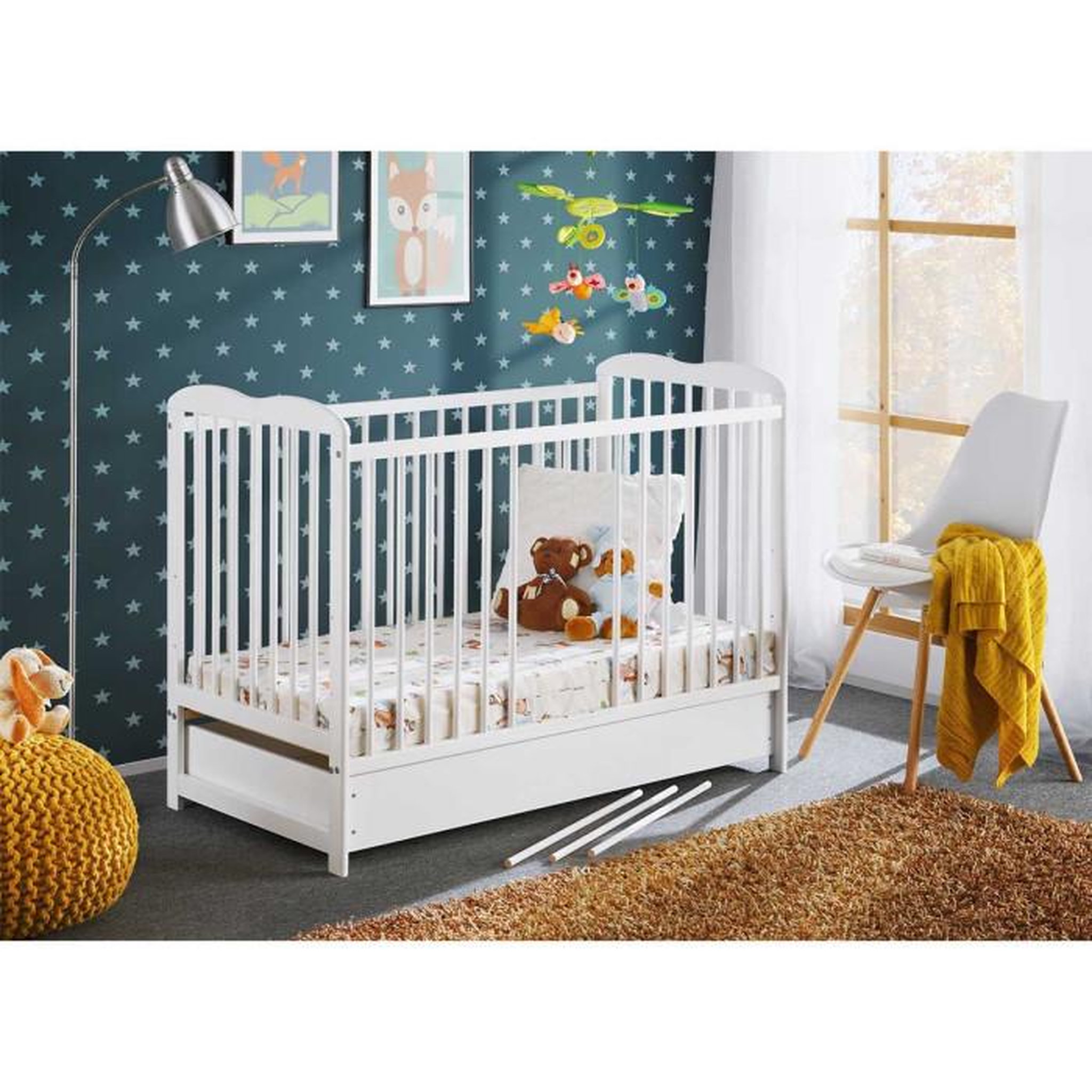 Voir la diapositive 2 : Paris Prix Lit Bébé, Matelas & Tiroir  Ala  60x120cm Blanc Mat