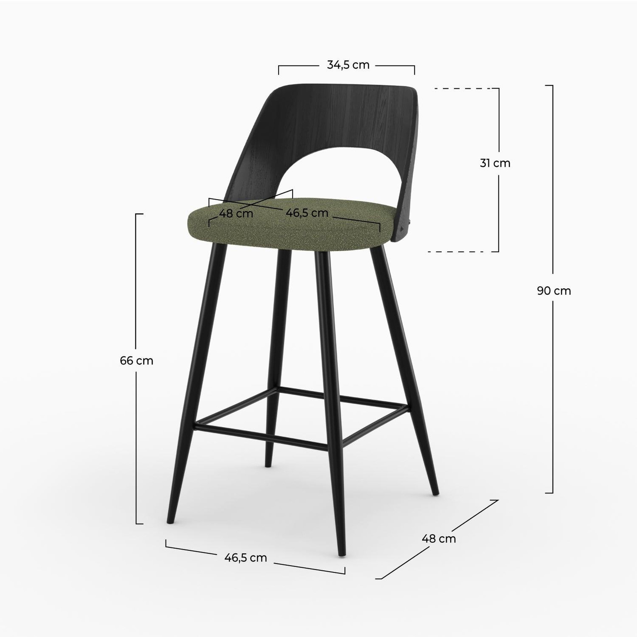 Voir la diapositive 4 : MAISON PAVANE Lot de 2 chaises pour îlot central en tissu bouclé vert kaki 66 cm-mindy