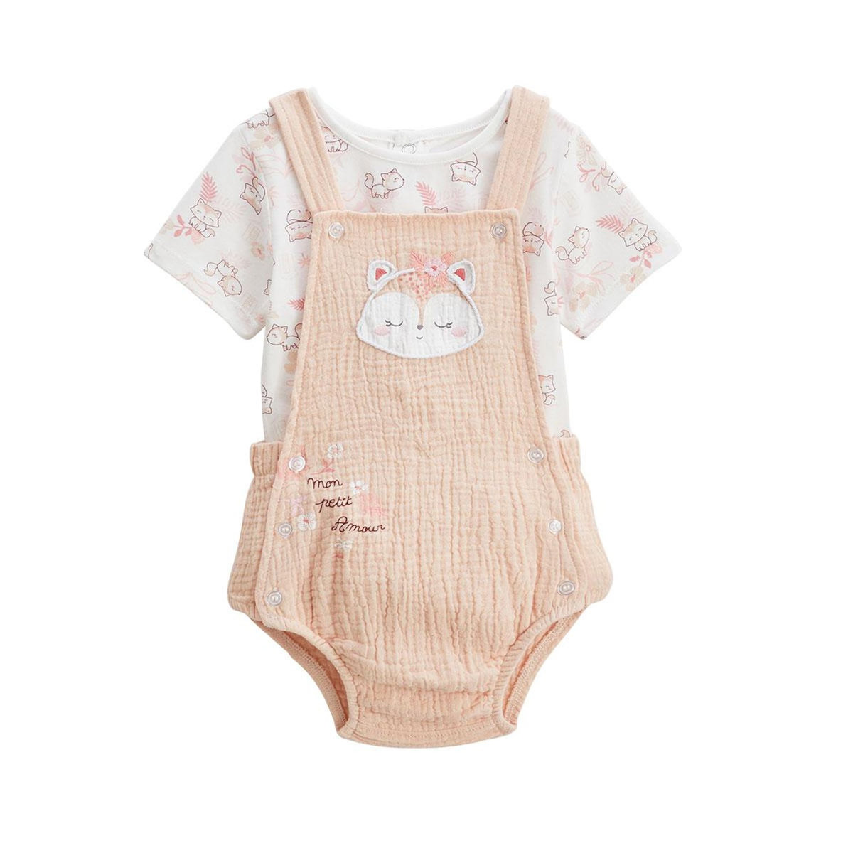 Petit Béguin Ensemble salopette bébé en gaze de coton et t-shirt Louison