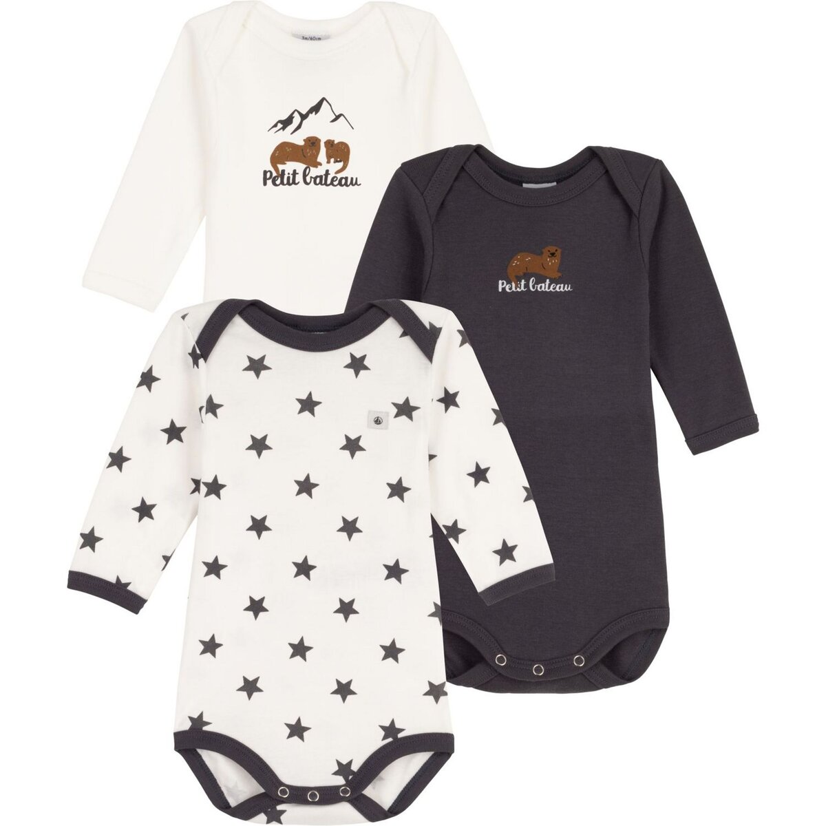 PETIT BATEAU Lot de 3 bodies manches longues bébé garçon pas cher 