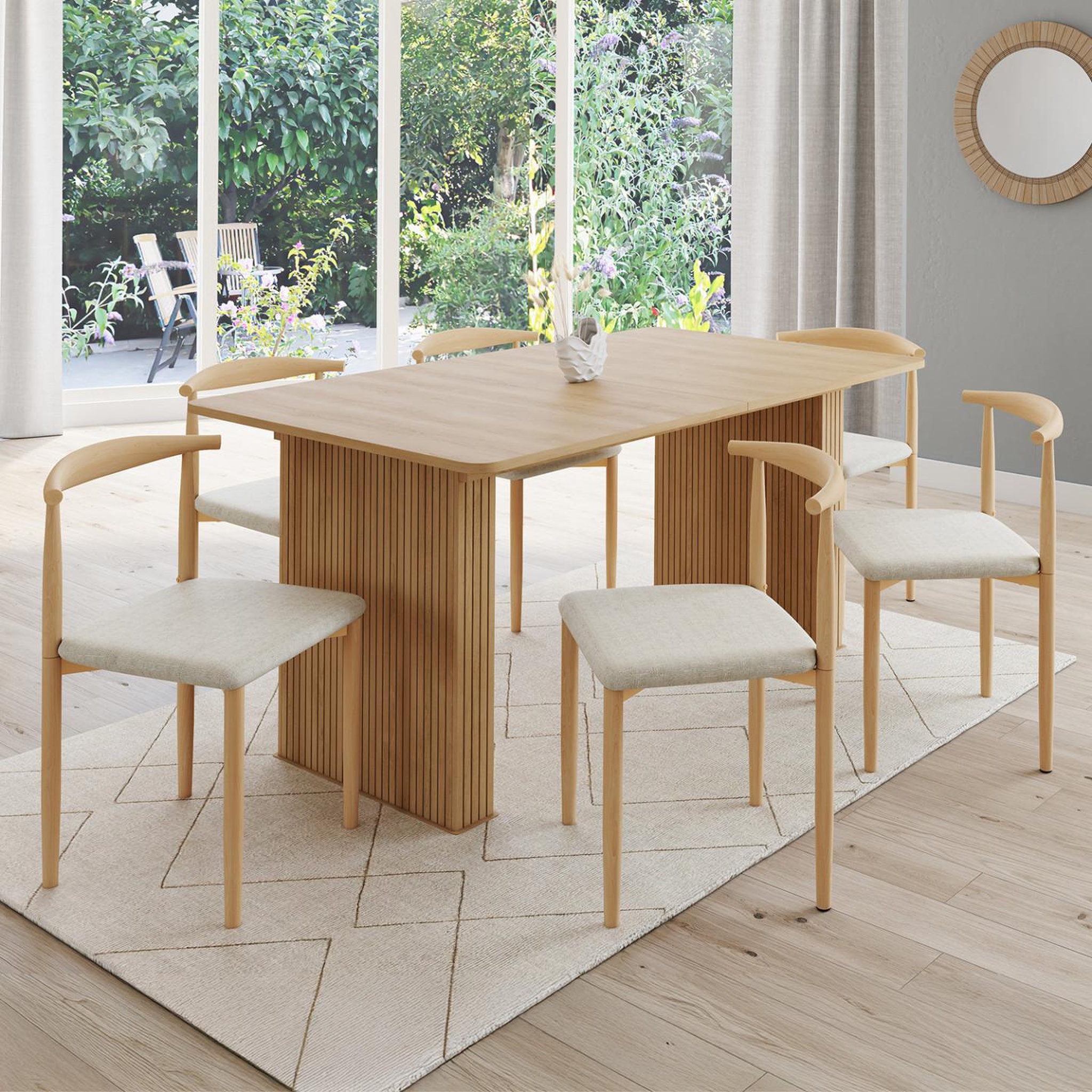 Voir la diapositive 2 : ID MARKET Lot de 6 chaises noe en imitation bois et assise en tissu beige pour salle à manger