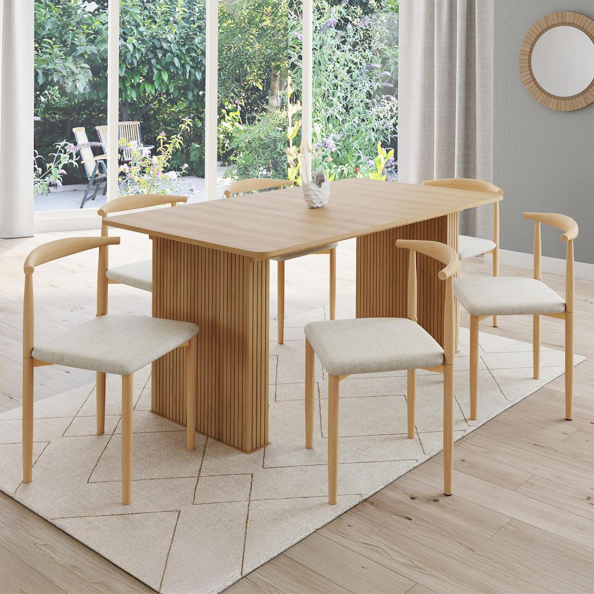 ID MARKET Lot de 6 chaises NOE en imitation bois et assise en tissu beige pour salle à manger
