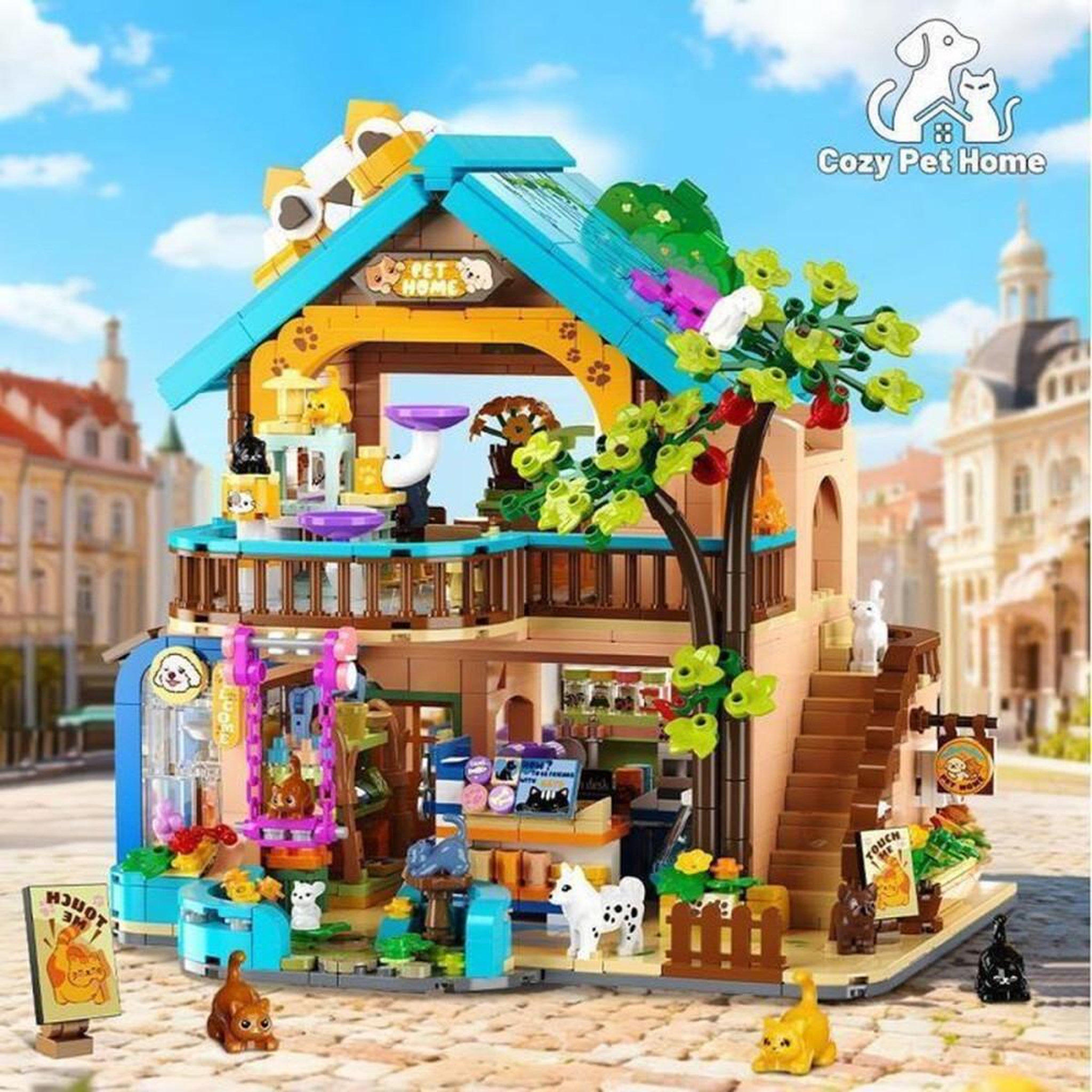 Voir la diapositive 3 : Kit de construction 3D Maison pour animaux de compagnie, immeuble animalier à 2 étages, 1425 pièces ABS, éclairage LED chaud intégré