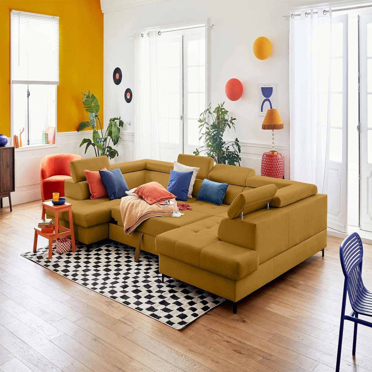 LISA DESIGN Merida - canapé panoramique en u - 7 places - convertible avec coffres et têtières réglables - en velours