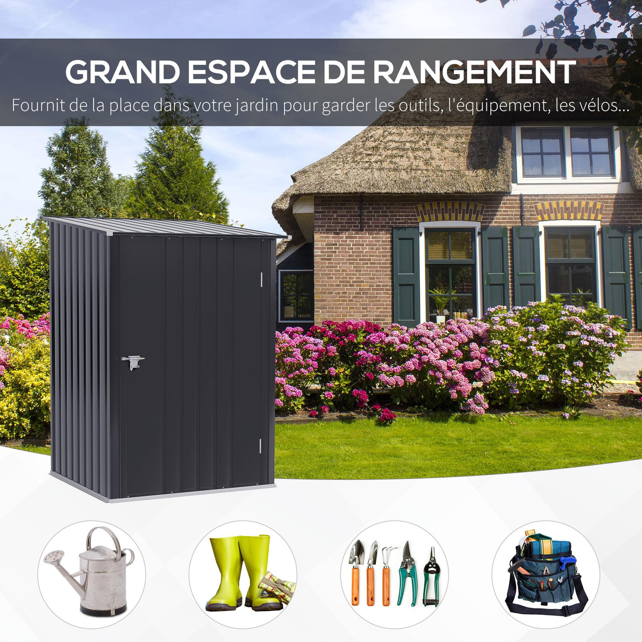 Voir la diapositive 4 : OUTSUNNY Abri de jardin - remise pour outils - cabanon porte verrouillable - dim. 1L x 1,03l x 1,6H m - tôle d'acier ondulée anthracite