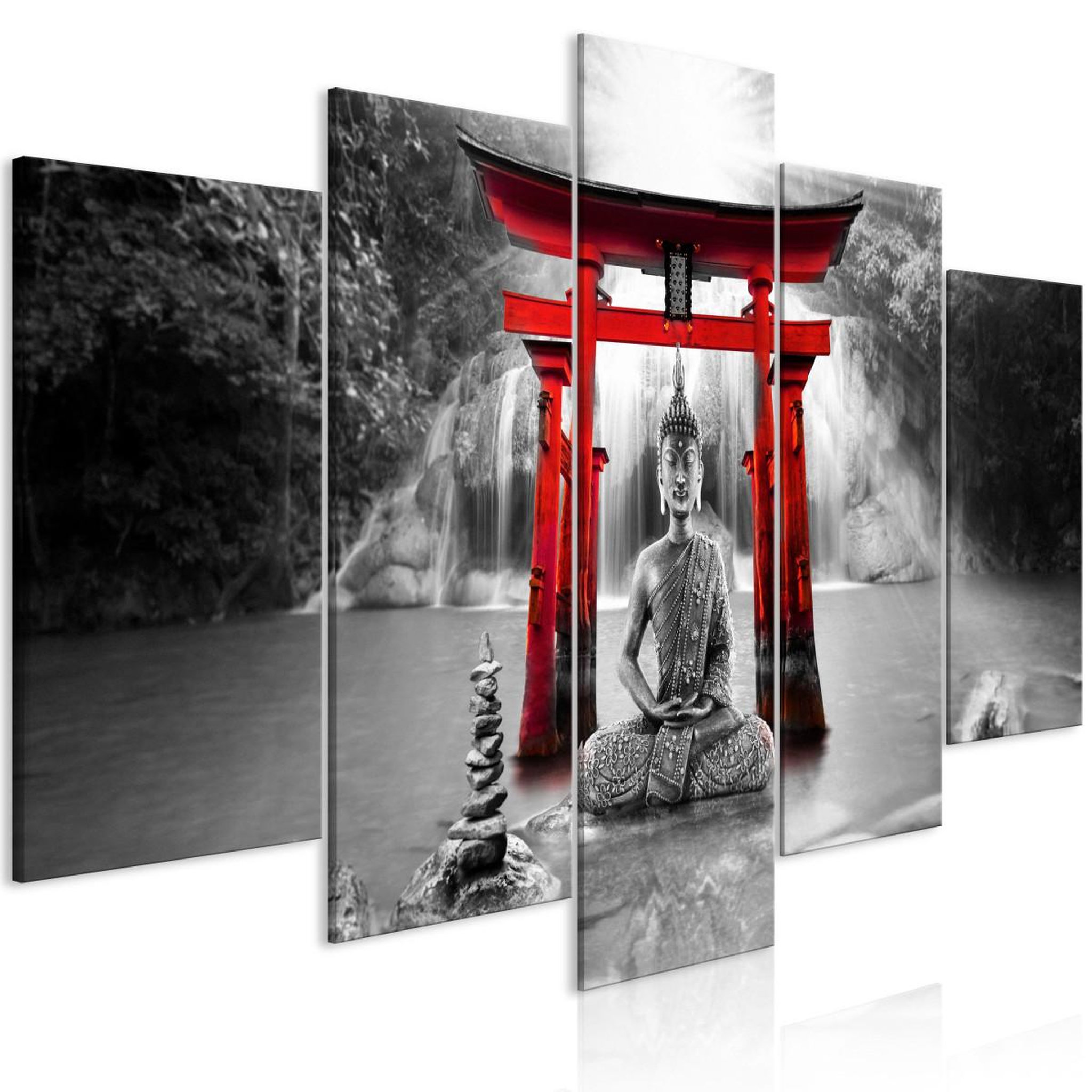 Voir la diapositive 1 : Paris Prix Tableau imprimé 5 panneaux  buddha smile wide red