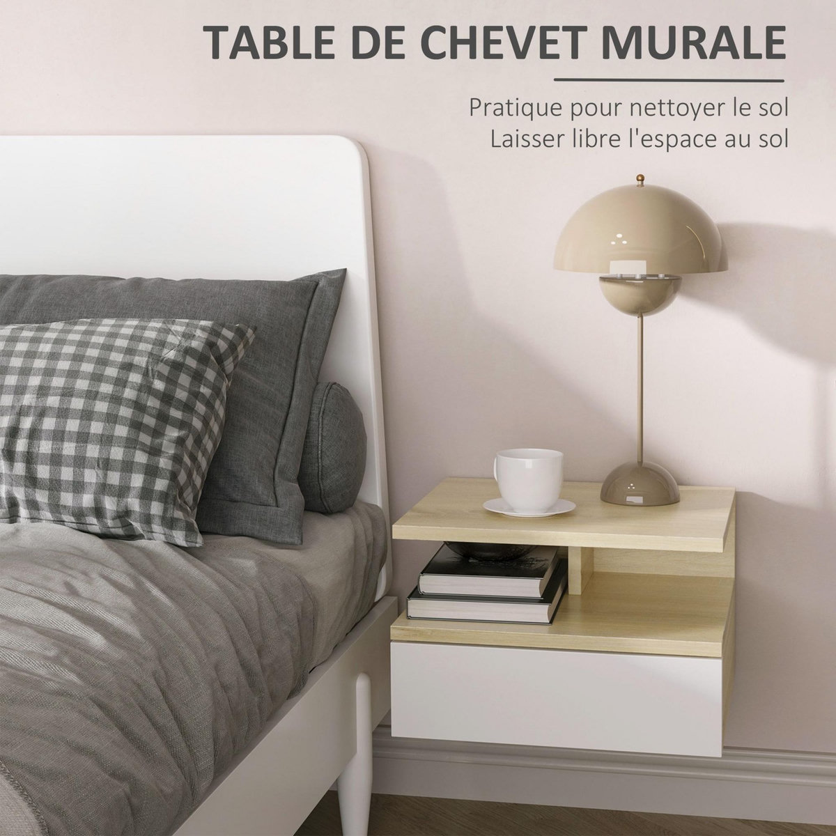 HOMCOM Lot de 2 tables de chevet murales - lot de 2 tables de nuit - tiroir coulissant, niche et plateau - aspect chêne clair blanc