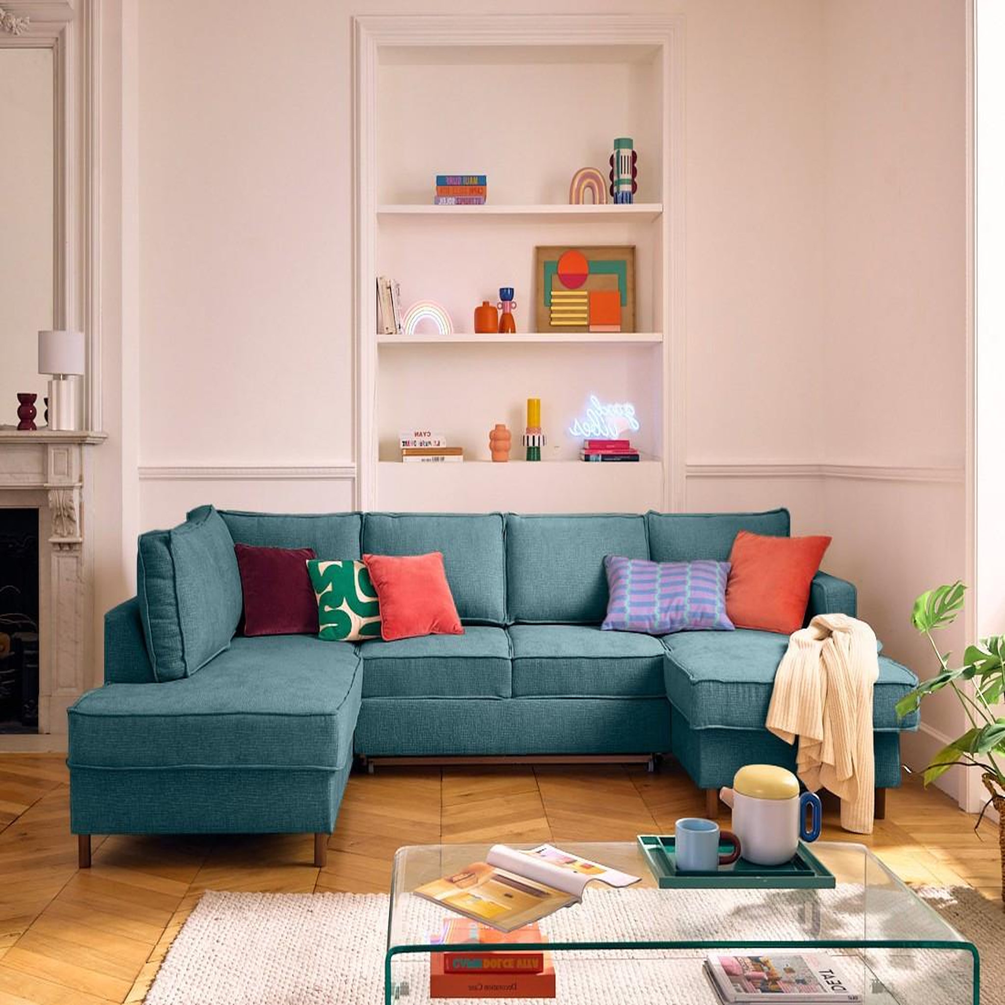 Voir la diapositive 1 : LISA DESIGN Jake - canapé panoramique d'angle gauche 7 places convertible avec coffre en tissu velours relief