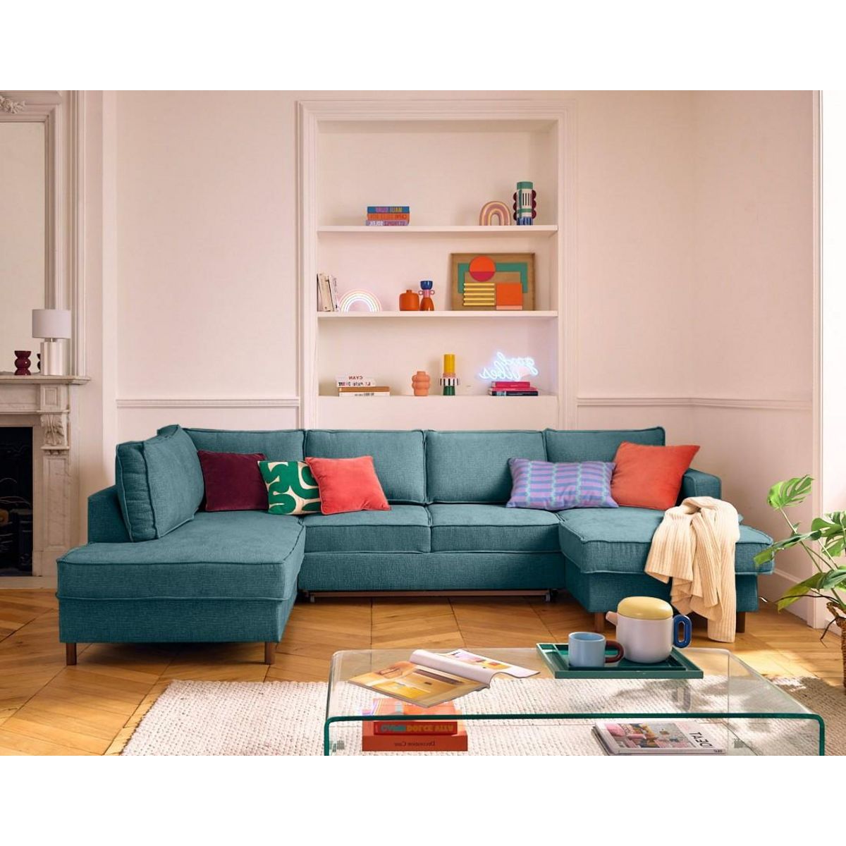 LISA DESIGN Jake - canapé panoramique d'angle gauche 7 places convertible avec coffre en tissu velours relief