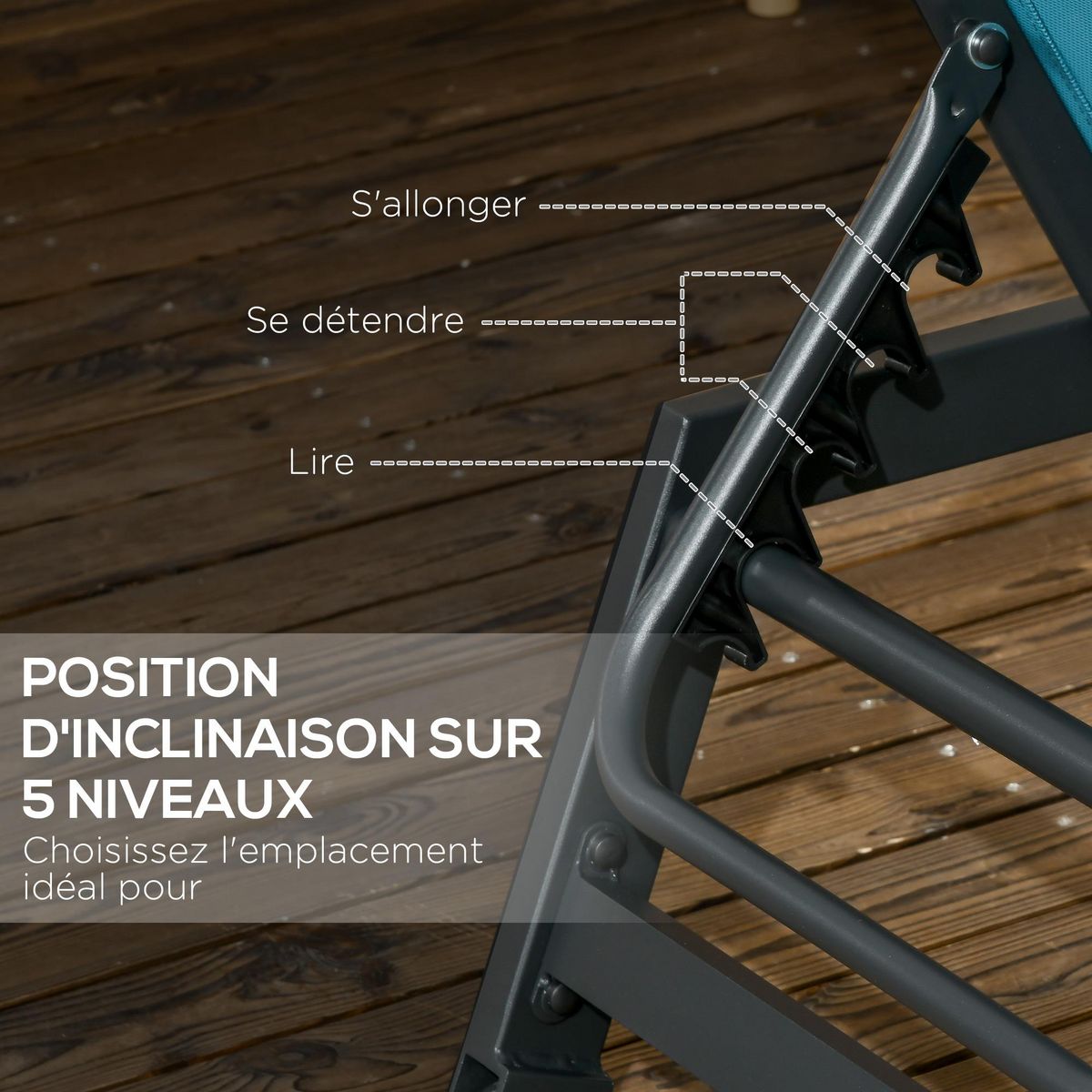 OUTSUNNY Bain de soleil transat inclinable 5 positions - tétière, 2 roulettes - alu. textilène bleu