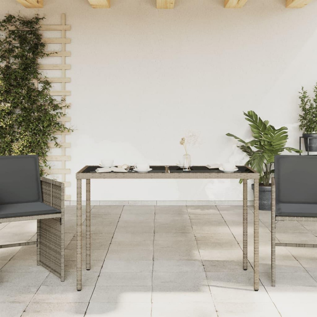 VIDAXL Table de jardin dessus en verre gris 115x54x74cm resine tressee