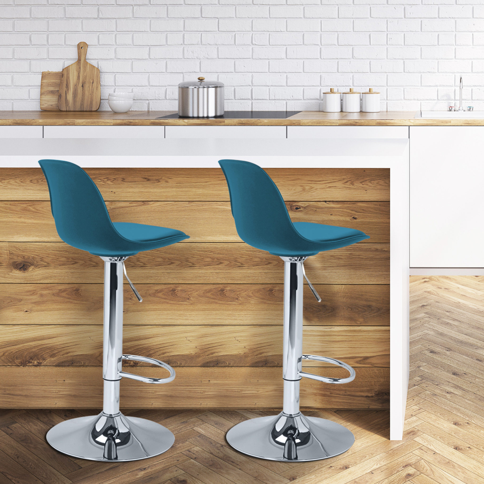 Voir la diapositive 2 : ID MARKET Lot de 2 tabourets de bar karl design bleu canard