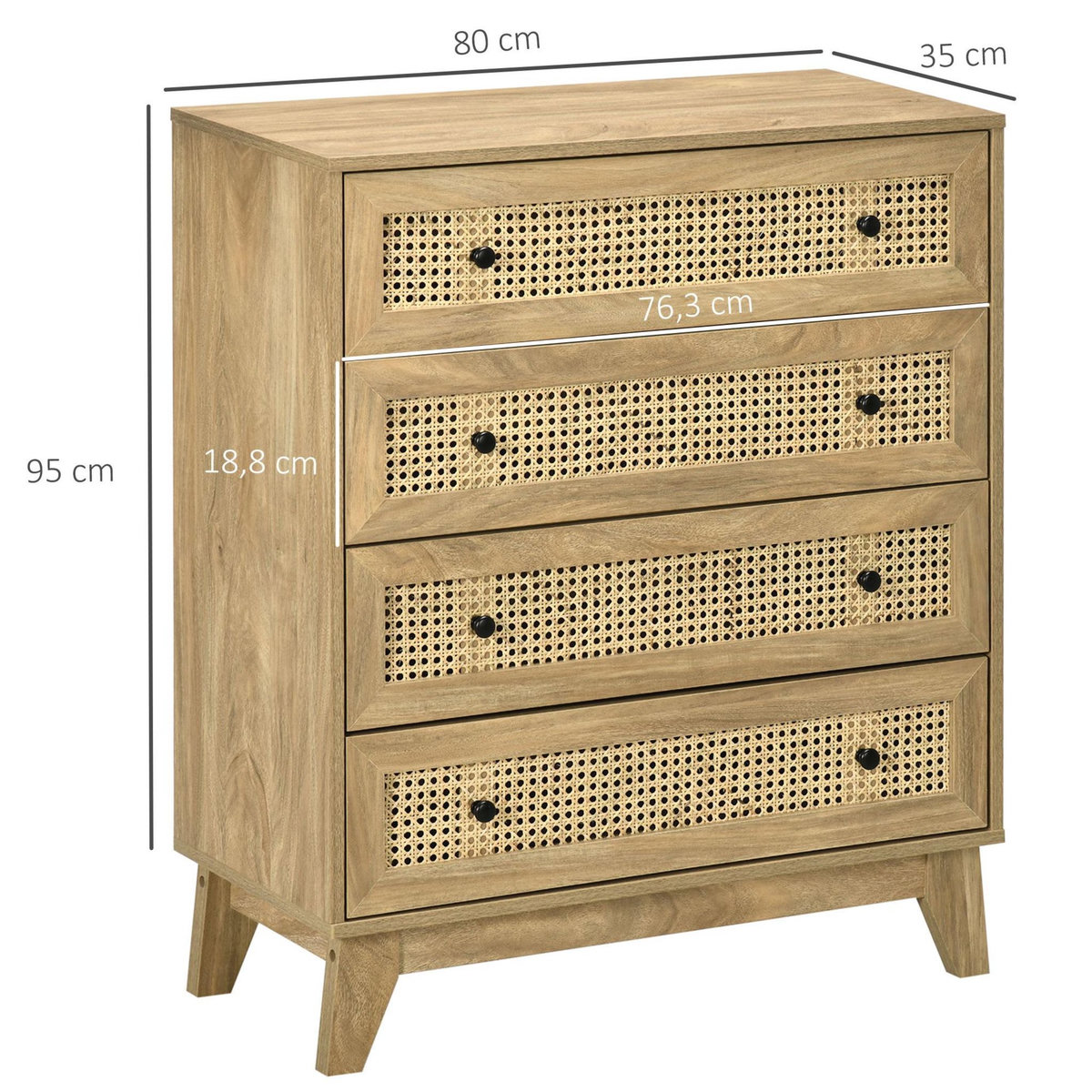 HOMCOM Commode 4 tiroirs style bohème chic cannage en rotin aspect bois de manguier