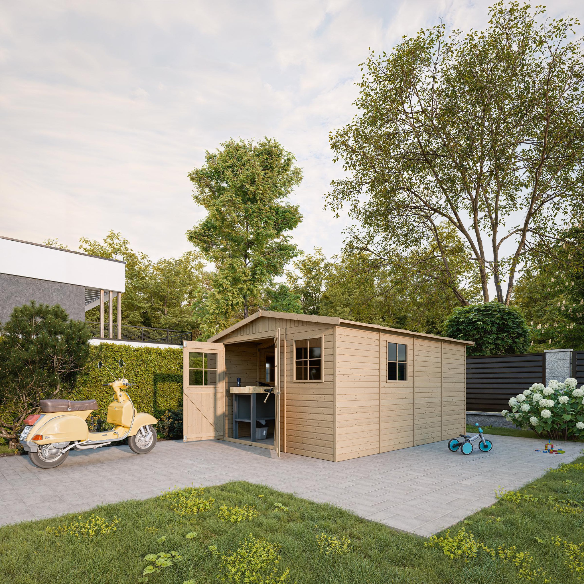 Voir la diapositive 6 : TIMBELA Abri de Jardin en Bois - H226x324x416 cm/12 m² M336