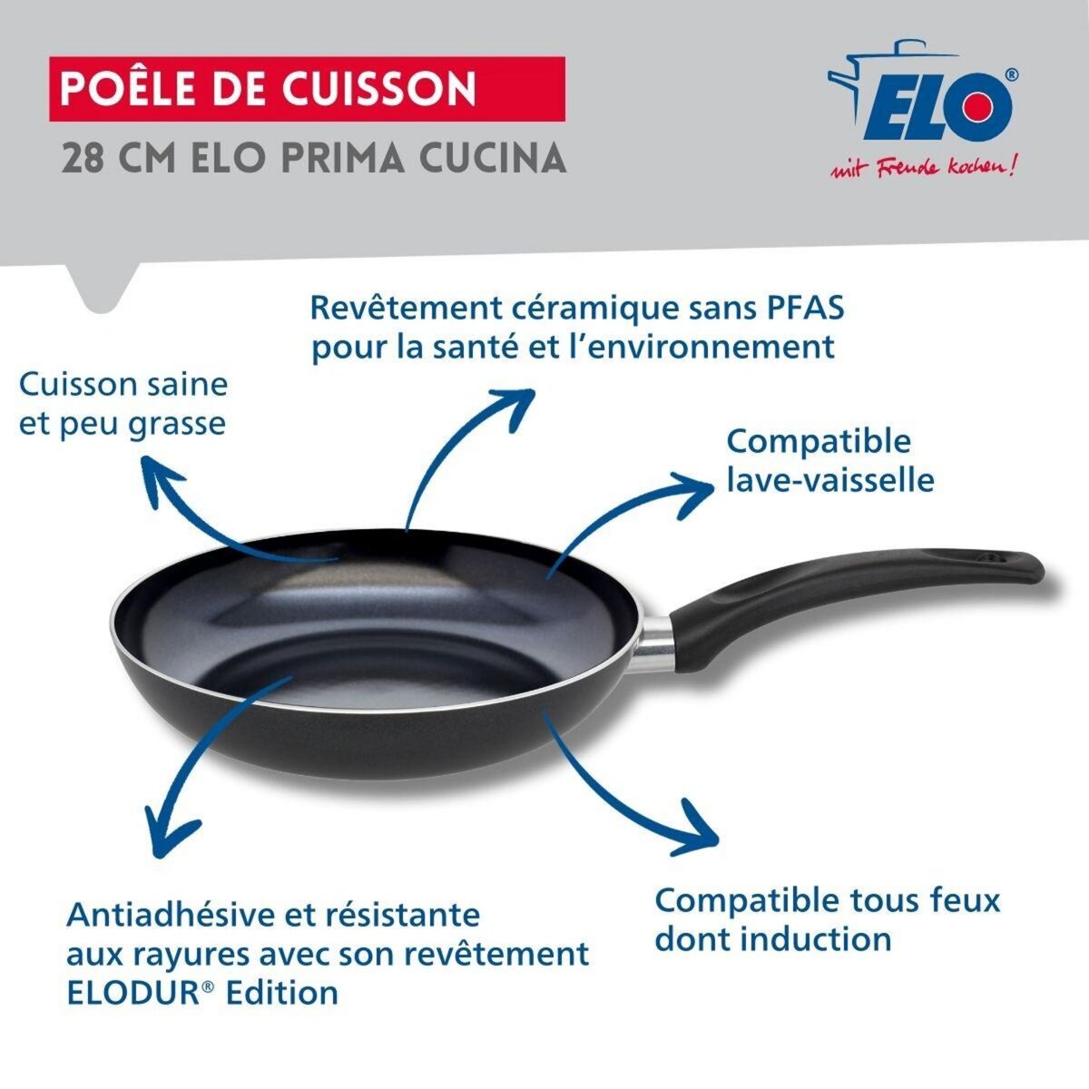 ELO Set Poêle 28 cm céramique sans PFAS et couvercle Elo Prima Cucina