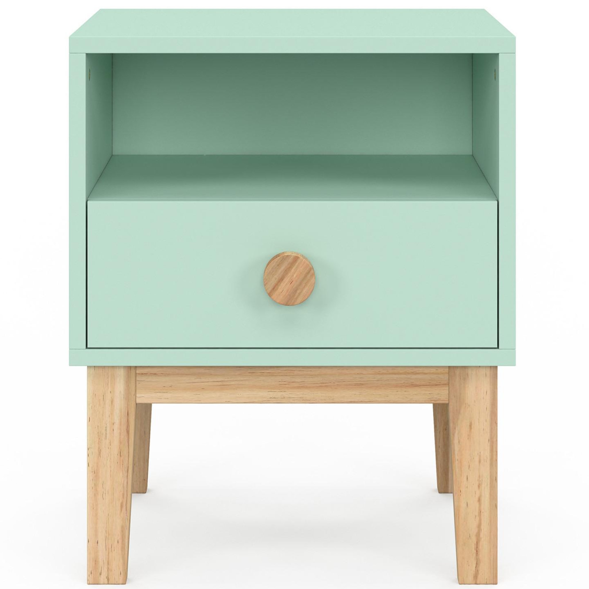 Voir la diapositive 3 : ID MARKET Table de chevet enfant JACOB 1 tiroir + 1 niche vert d'eau et bois