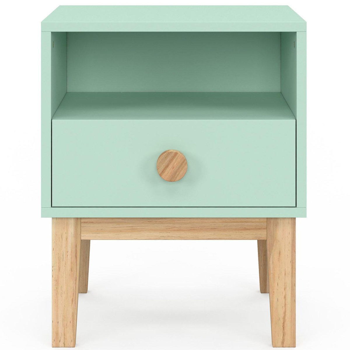 ID MARKET Table de chevet enfant JACOB 1 tiroir + 1 niche vert d'eau et bois
