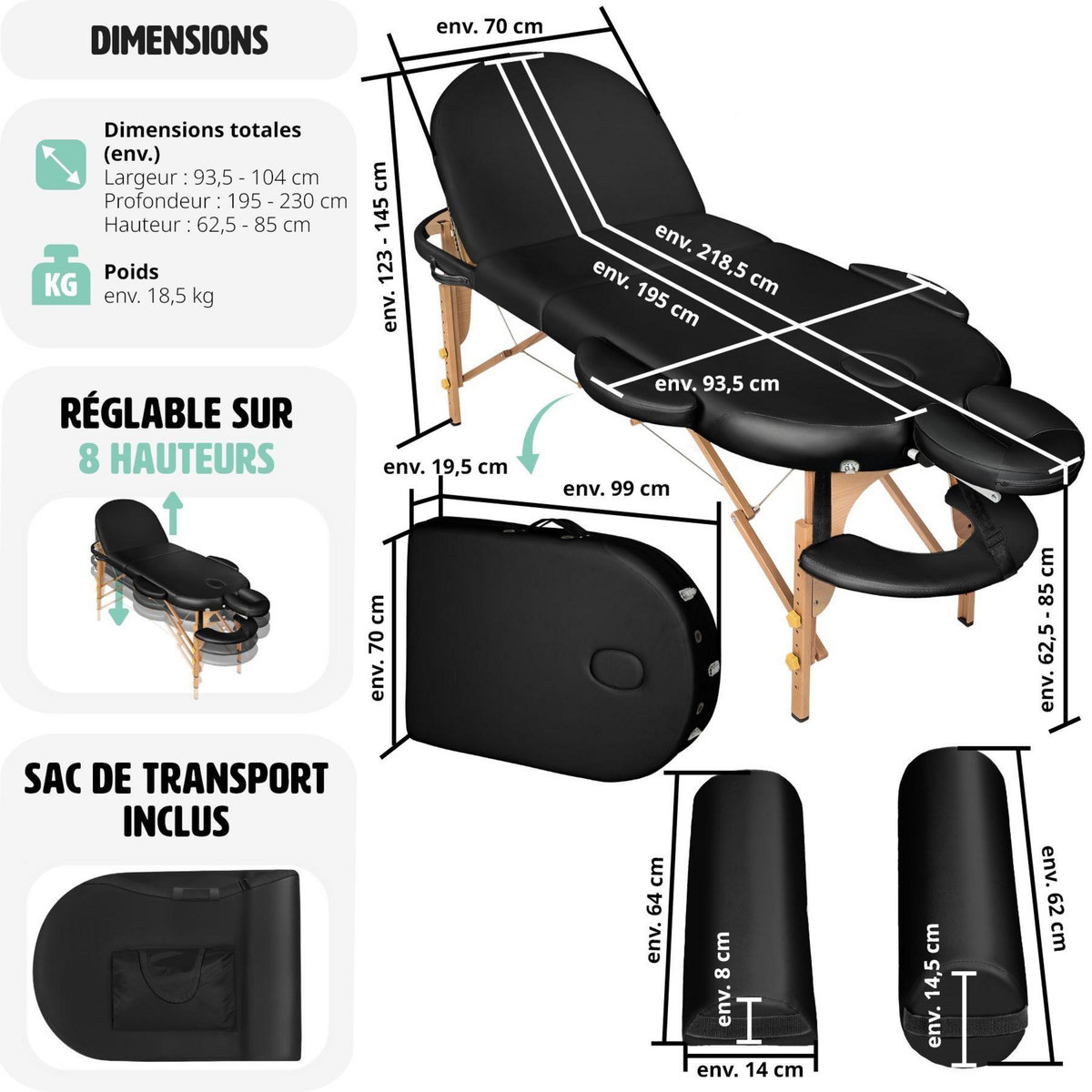 tectake Table de massage ovale 3 zones avec rembourrage de 5cm et châssis en bois et rouleaux