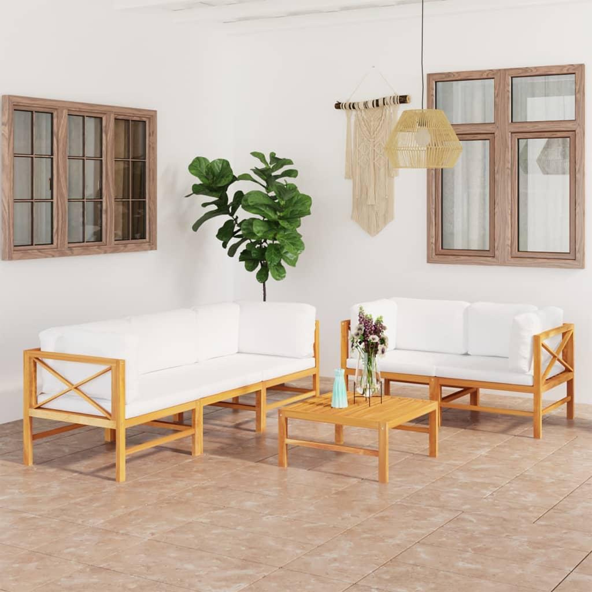 Voir la diapositive 1 : VIDAXL Salon de jardin 6 pcs avec coussins creme Bois de teck solide