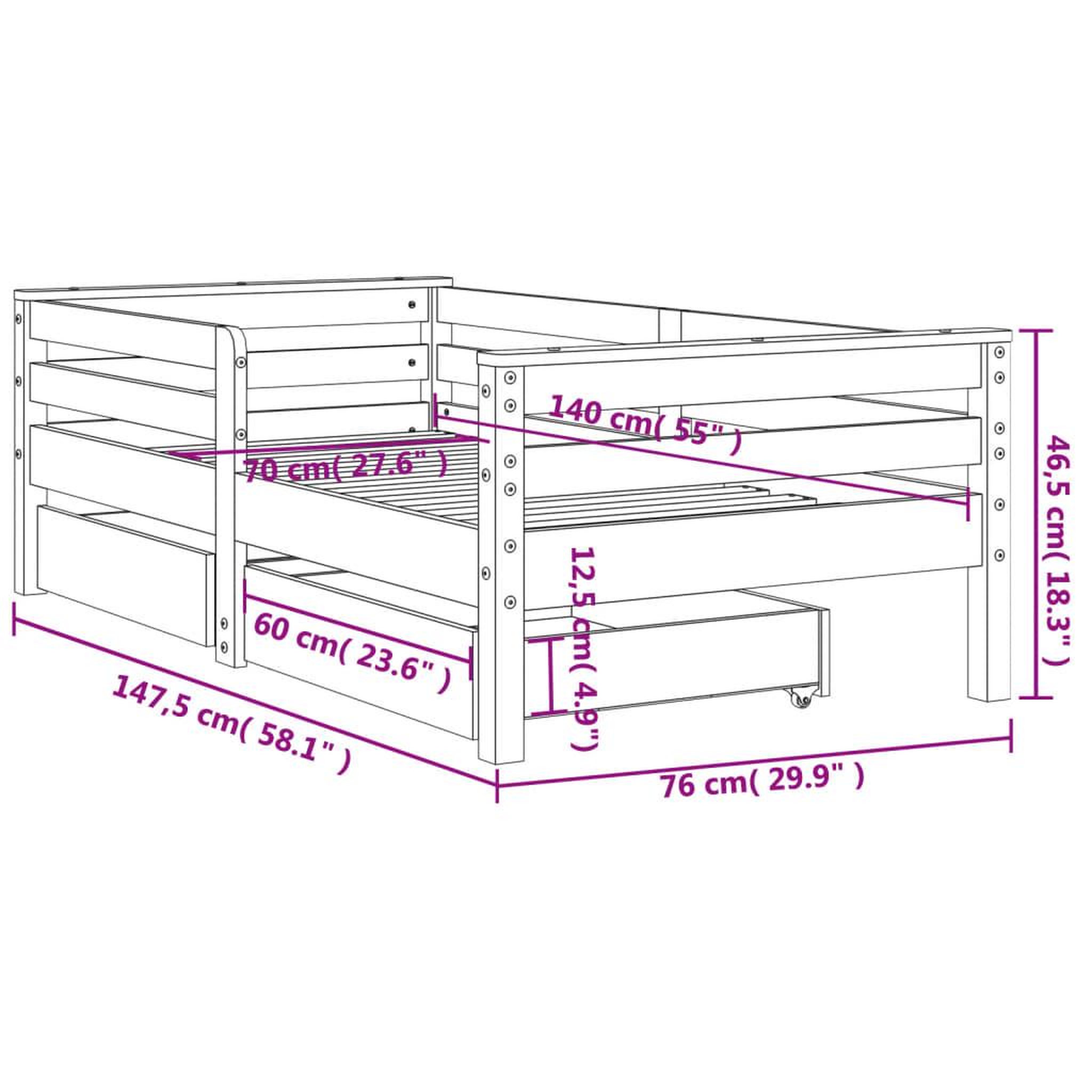 Voir la diapositive 6 : VIDAXL Cadre de lit enfant tiroirs blanc 70x140 cm bois de pin massif