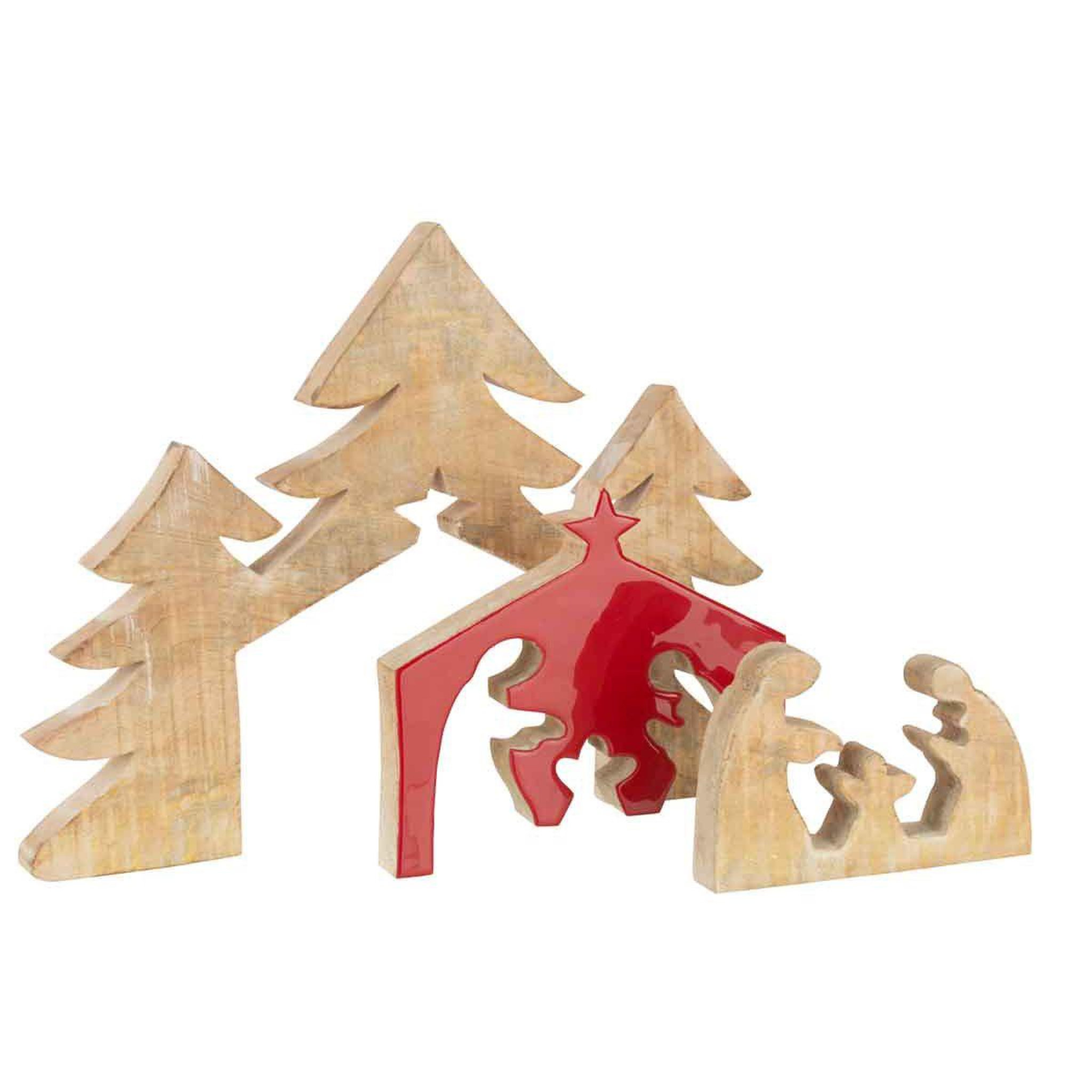 Voir la diapositive 2 : J-LINE Statuette déco bois  puzzle nativité  55cm rouge