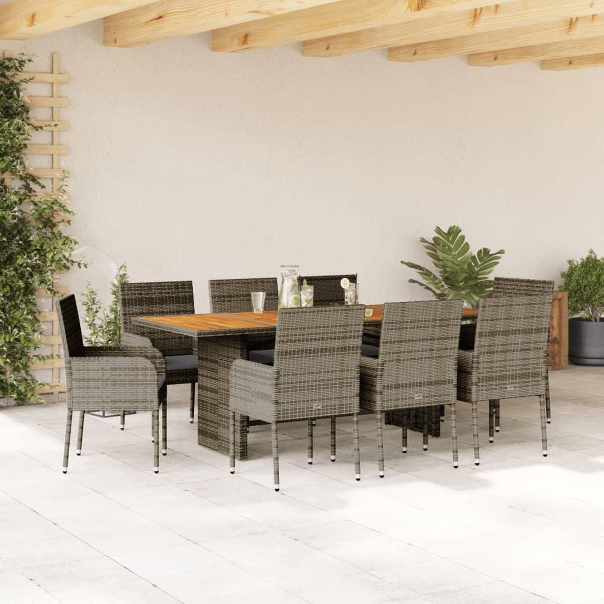VIDAXL Ensemble a manger de jardin 9 pcs coussins gris resine tressee