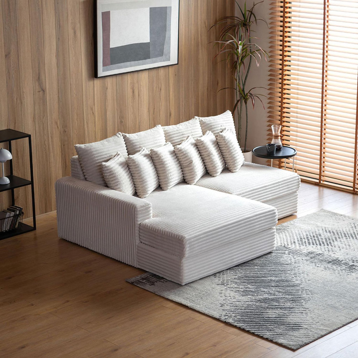 CONCEPT USINE Canapé d'angle 2-3 places assise profonde en velours côtelé beige CARDIFF