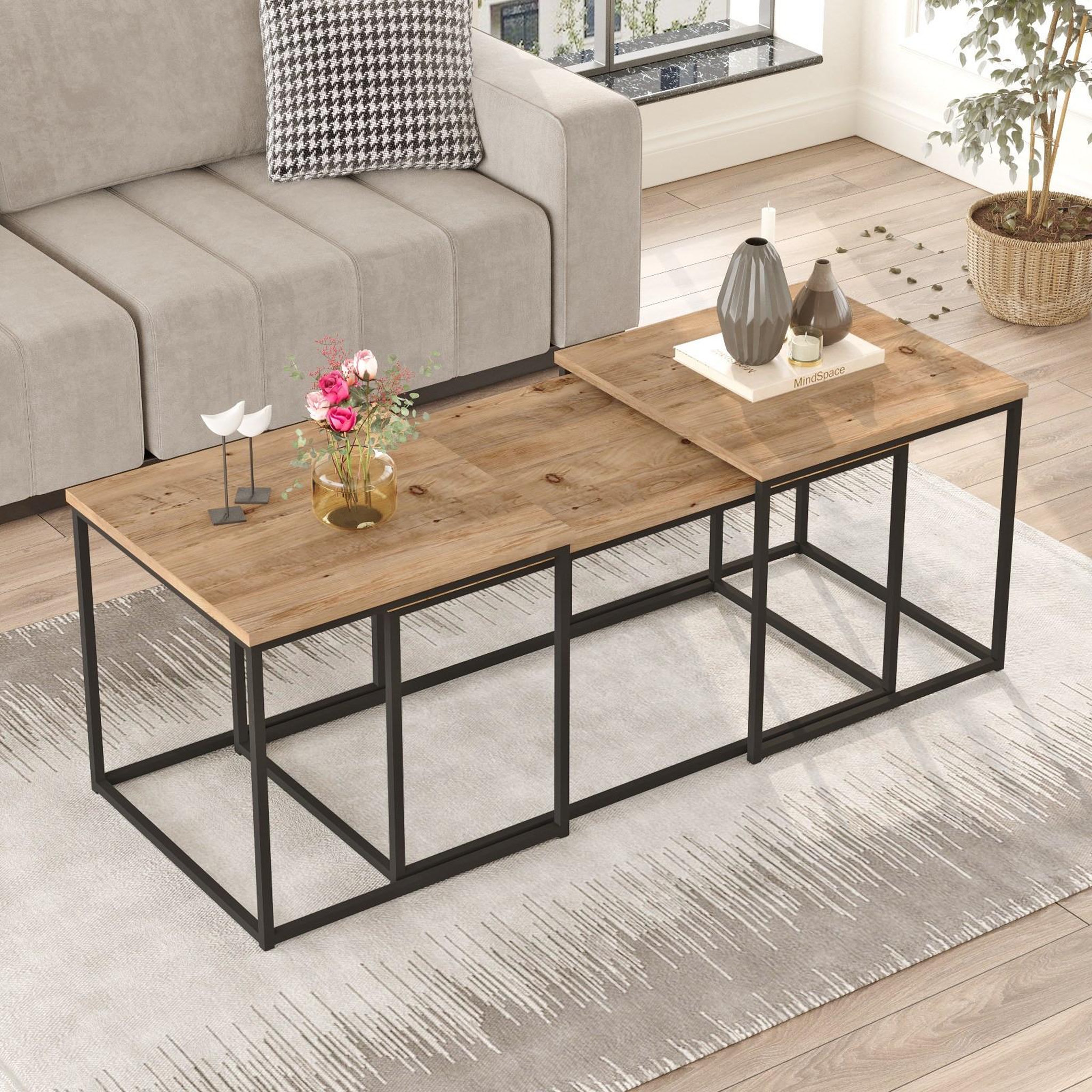 Voir la diapositive 2 : Habitat et Jardin Lot de 3 tables basse en bois  vg9  - 90 x 45 x 44 cm - pin atlantique