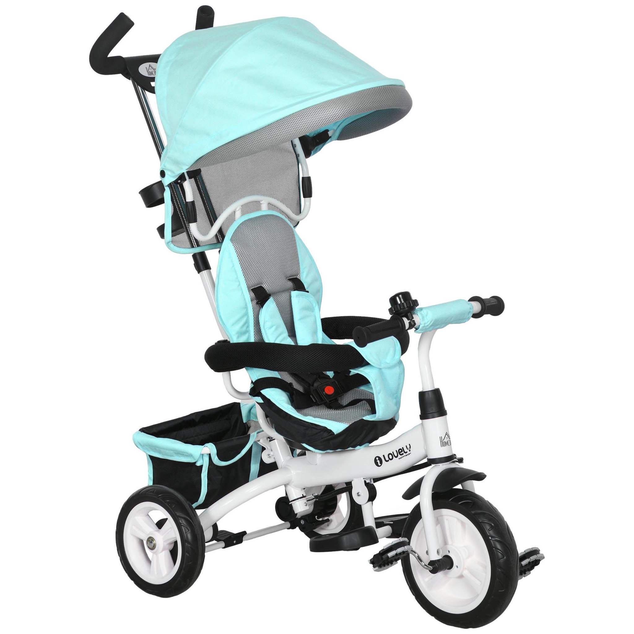 HOMCOM Tricycle enfant évolutif pare-soleil pliable canne télescopique amovible acier bleu turquoise