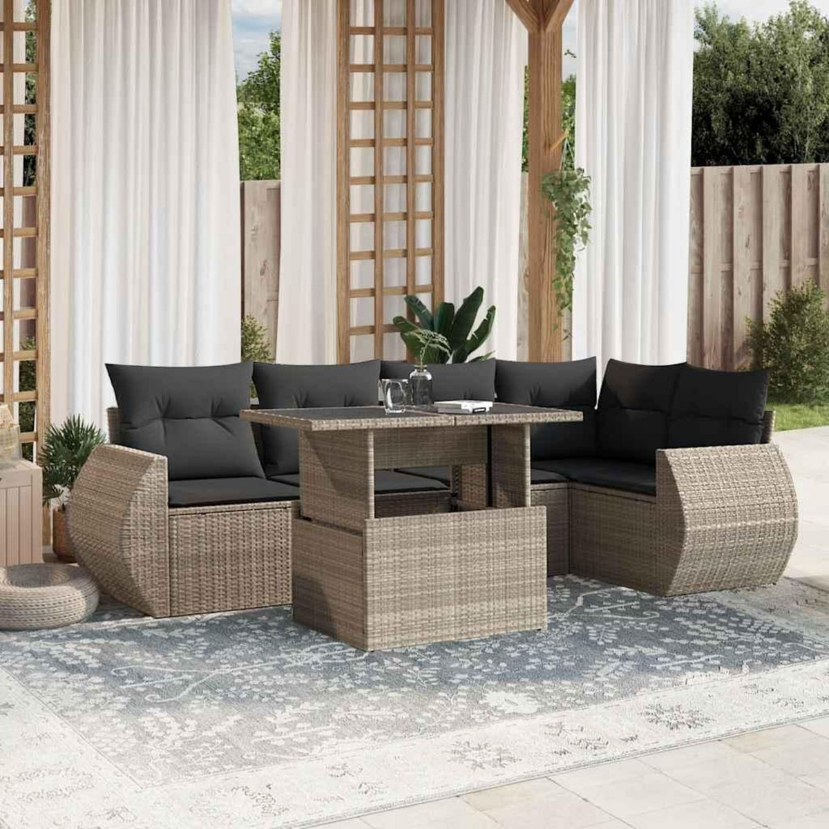 VIDAXL Salon de jardin avec coussins 7 pcs gris clair resine tressee