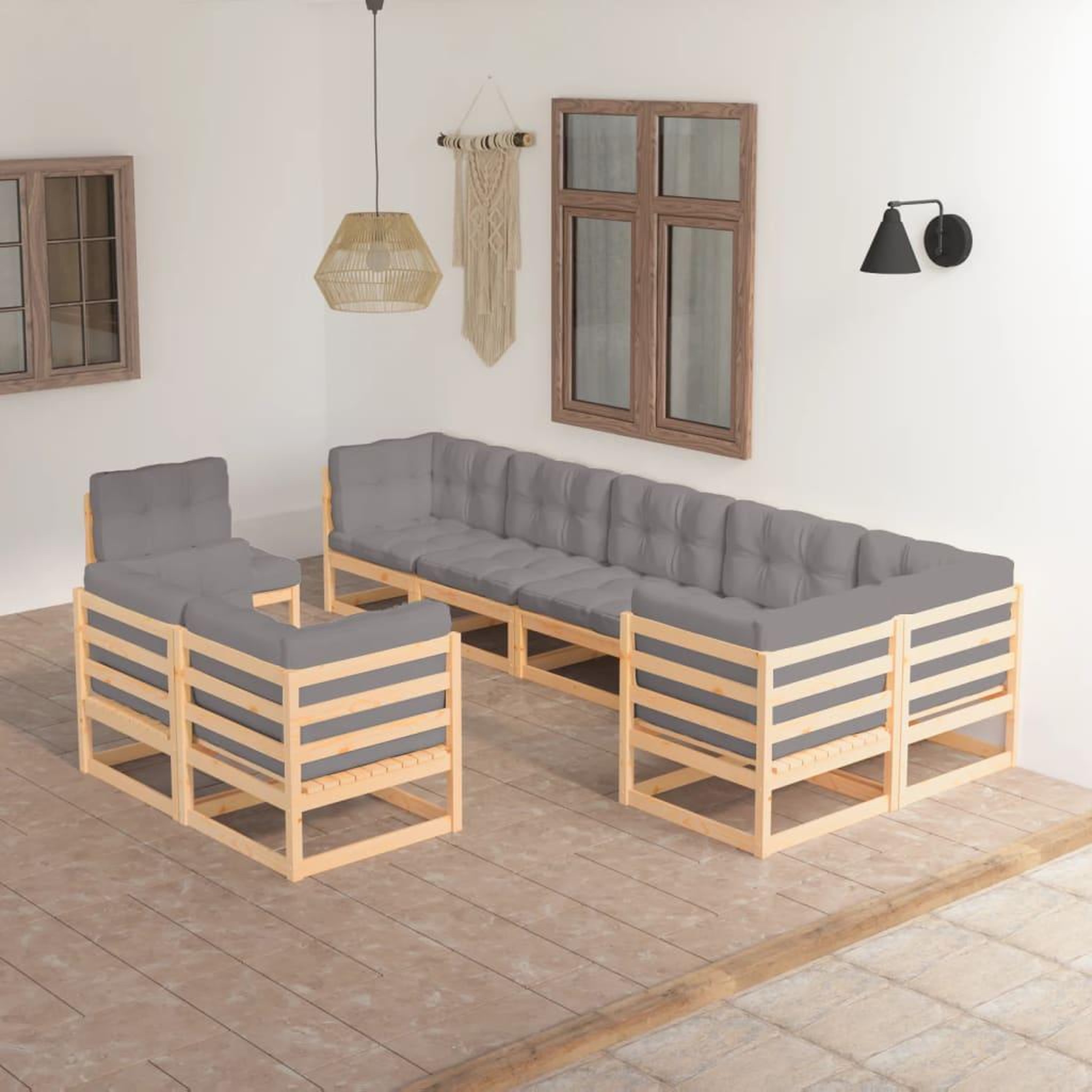 Voir la diapositive 1 : VIDAXL Salon de jardin 9 pcs avec coussins Bois de pin massif