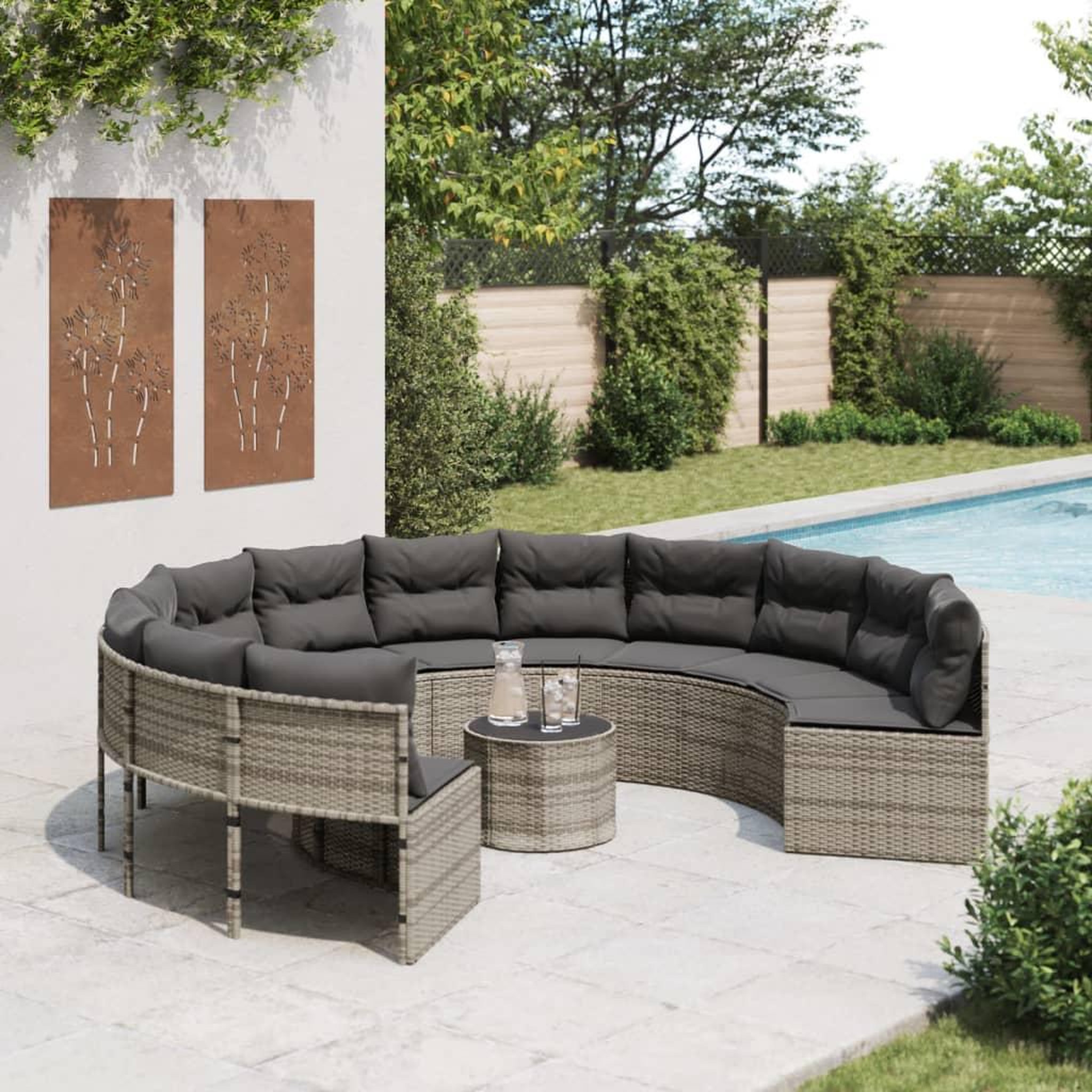 VIDAXL Canape de jardin avec table coussins rond gris resine tressee