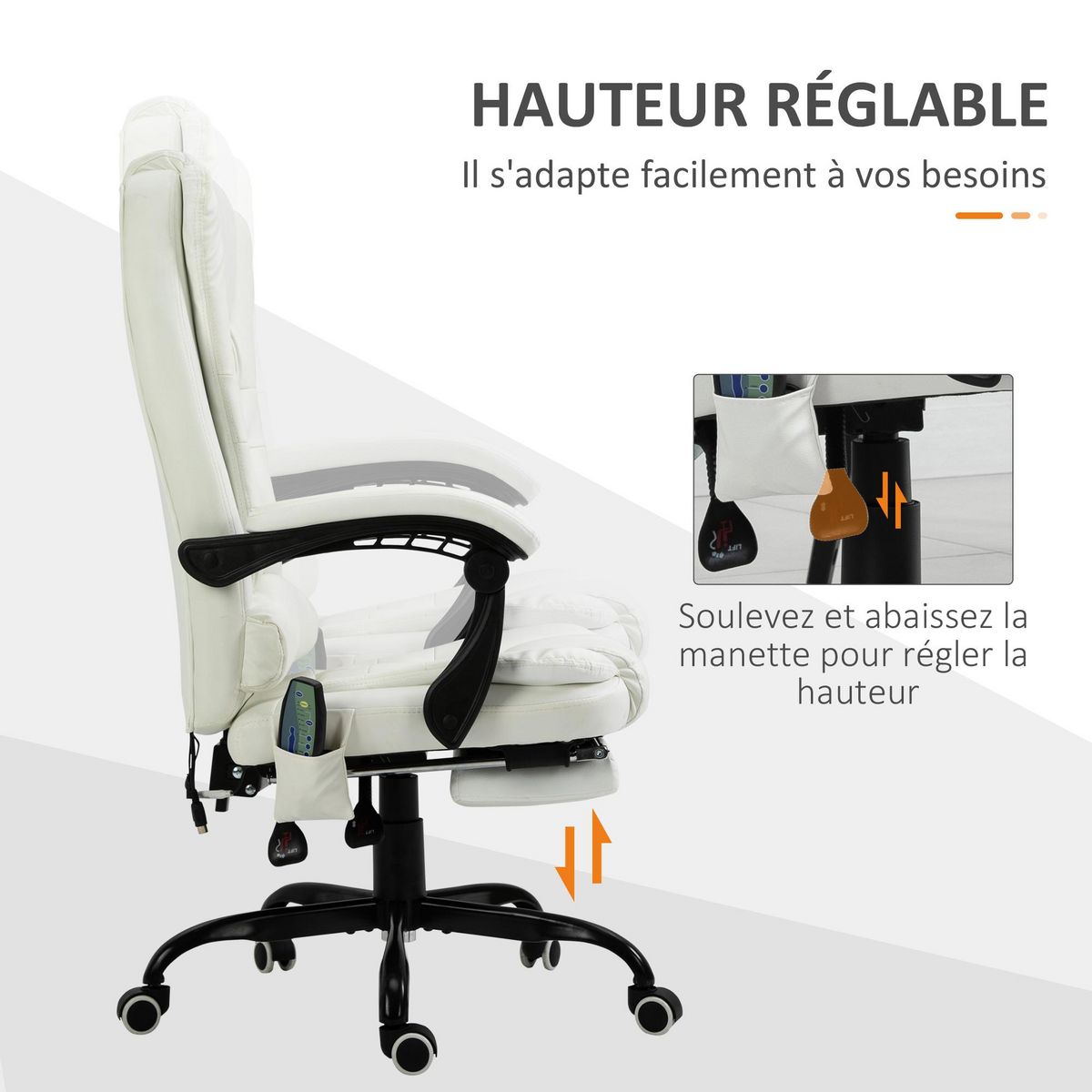 VINSETTO Vinsetto Fauteuil de bureau direction massant hauteur réglable dossier inclinable repose-pied + coussin lombaires intégrés revêtement synthétique blanc