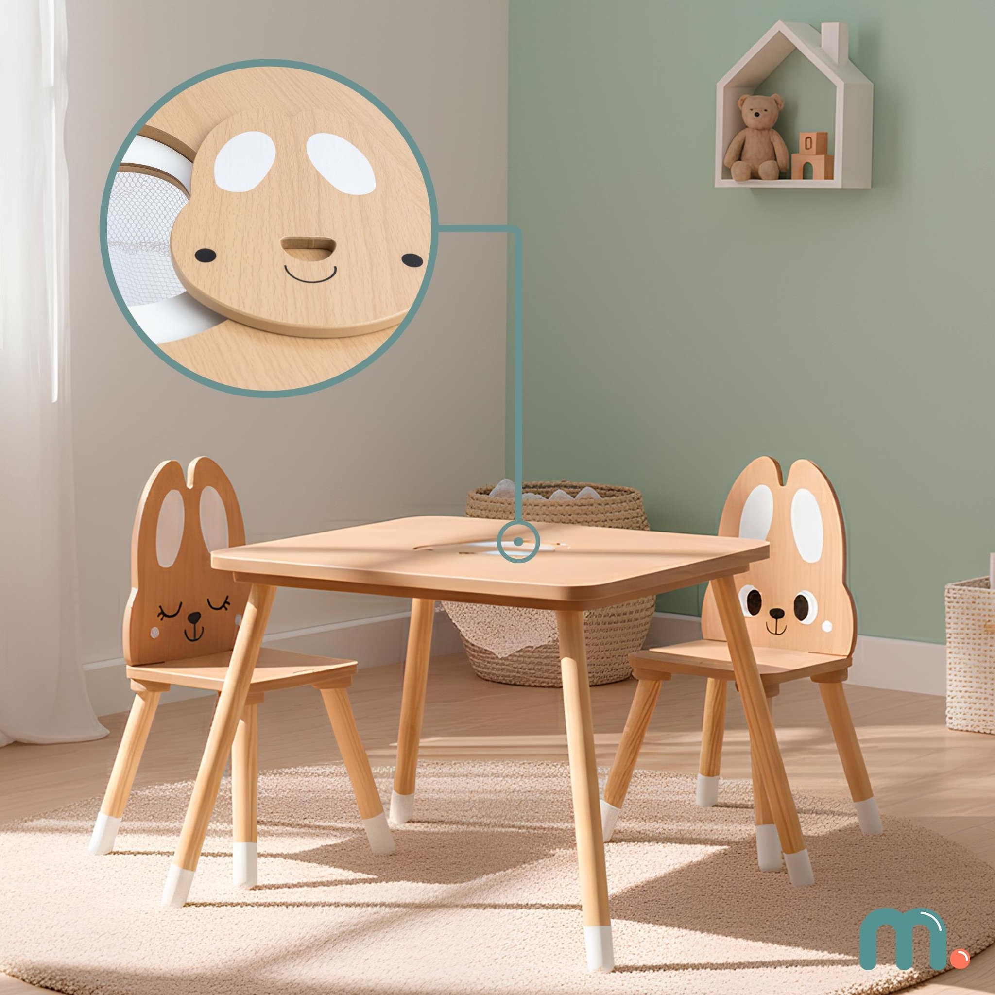 Voir la diapositive 3 : MAMABRUM Table Enfant Bois avec Rangement + 2 Chaises Lapin – Bureau Enfant avec Coffre Jouets