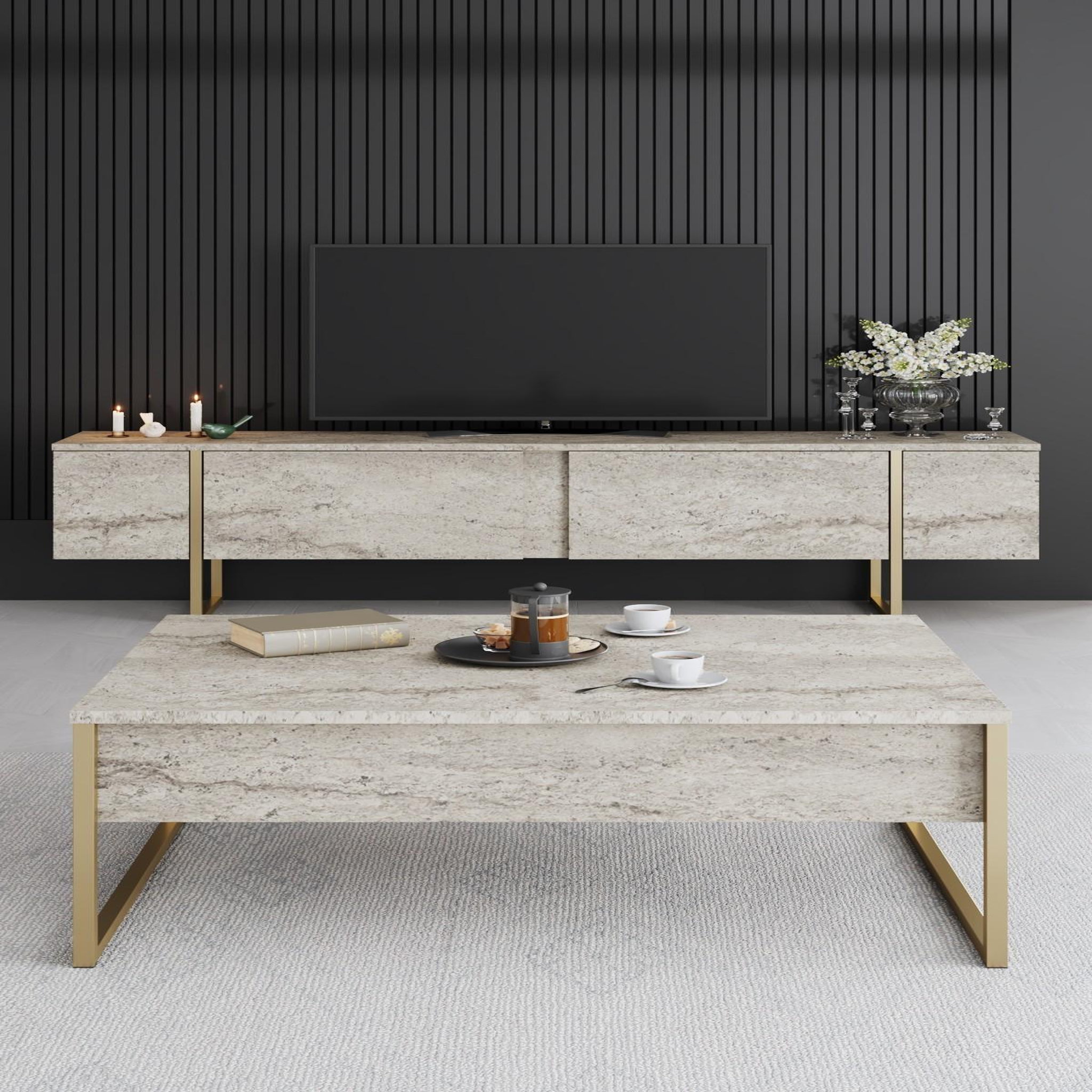 Voir la diapositive 4 : Habitat et Jardin Meuble tv en bois  luxe  - 180 x 30 x 50 cm - travertinor