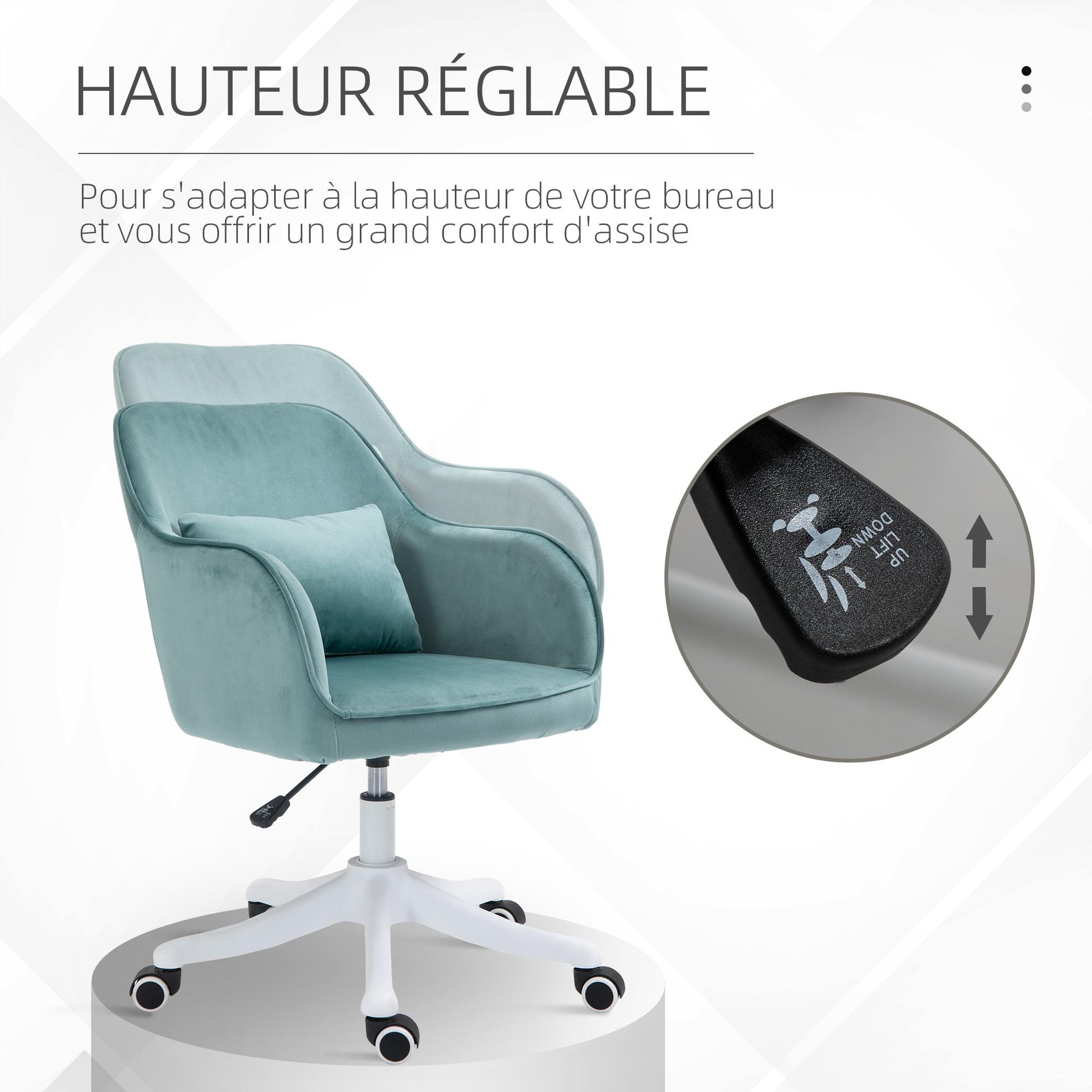 Voir la diapositive 6 : HOMCOM Chaise de bureau velours fauteuil bureau massant coussin lombaire intégré hauteur réglable pivotante 360° vert menthe