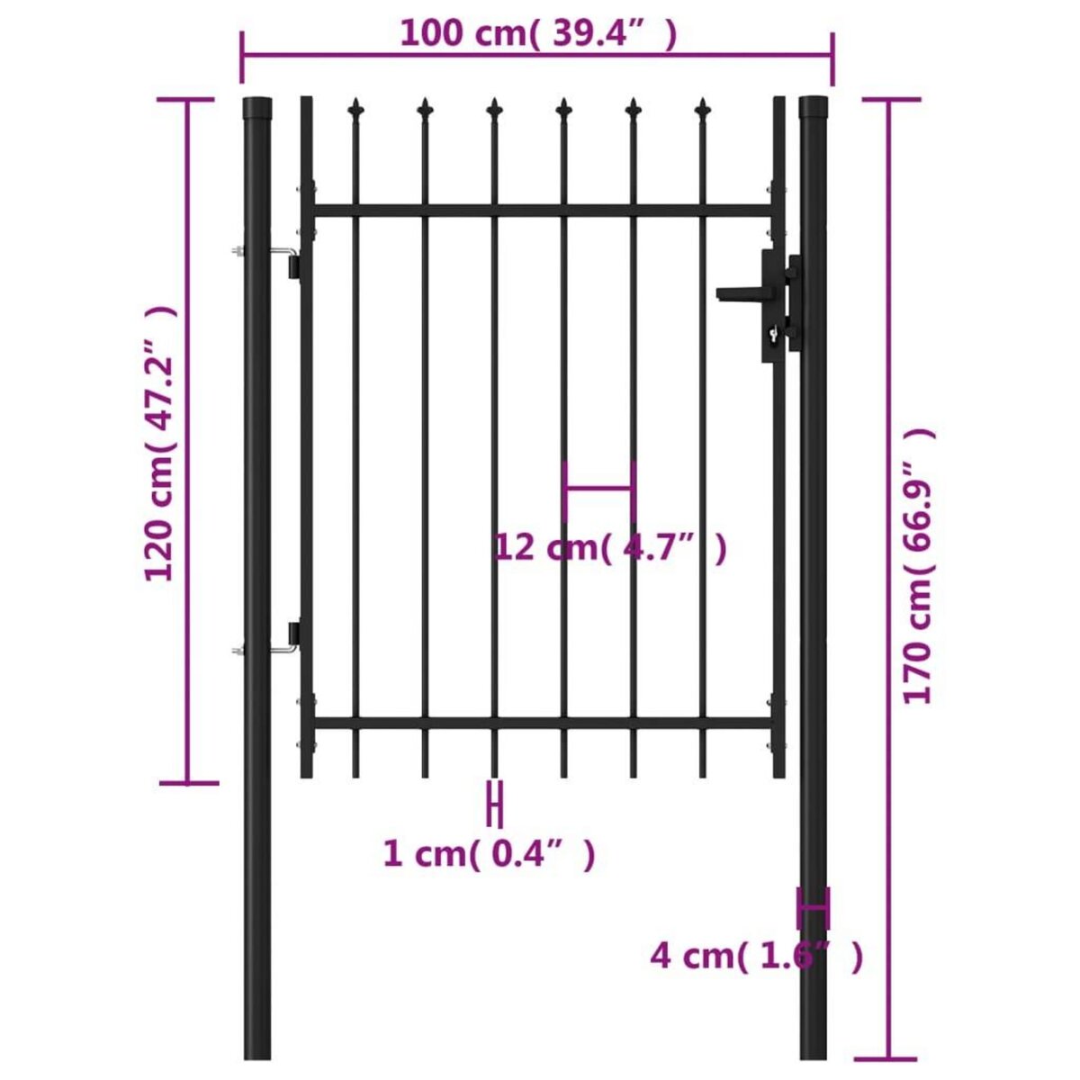VIDAXL Portillon simple porte avec dessus a pointe Acier 1x1,2 m Noir