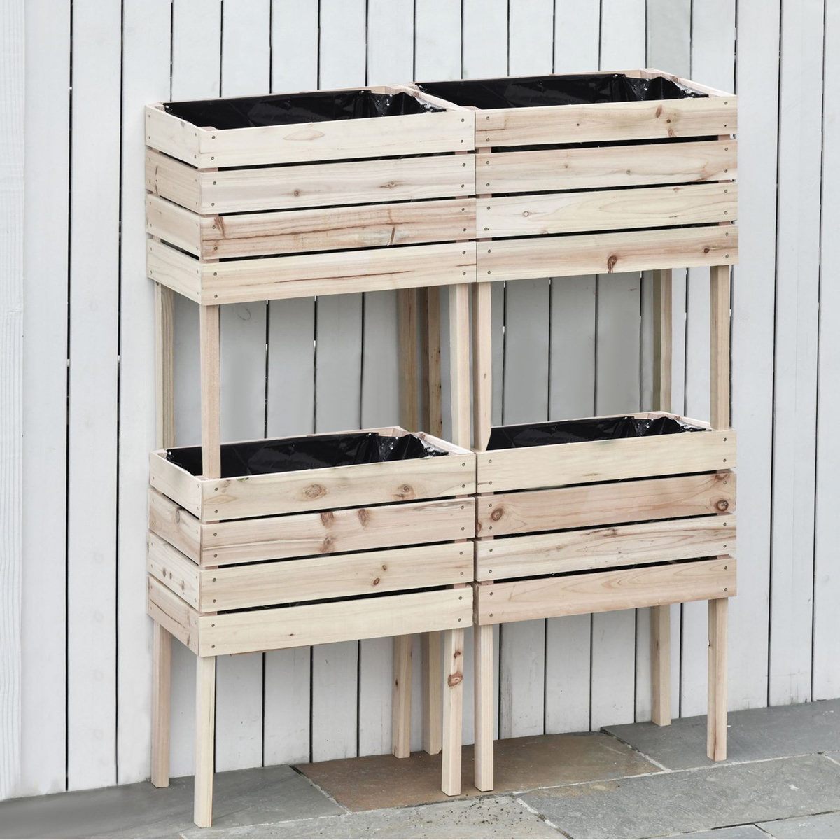 OUTSUNNY Jardinières sur pieds carrés potagers - lot de 4 jardinières sur pied modulables - dim. 50L x 30l x 60H cm - inserts d'irrigation film protecteur - bois sapin naturel