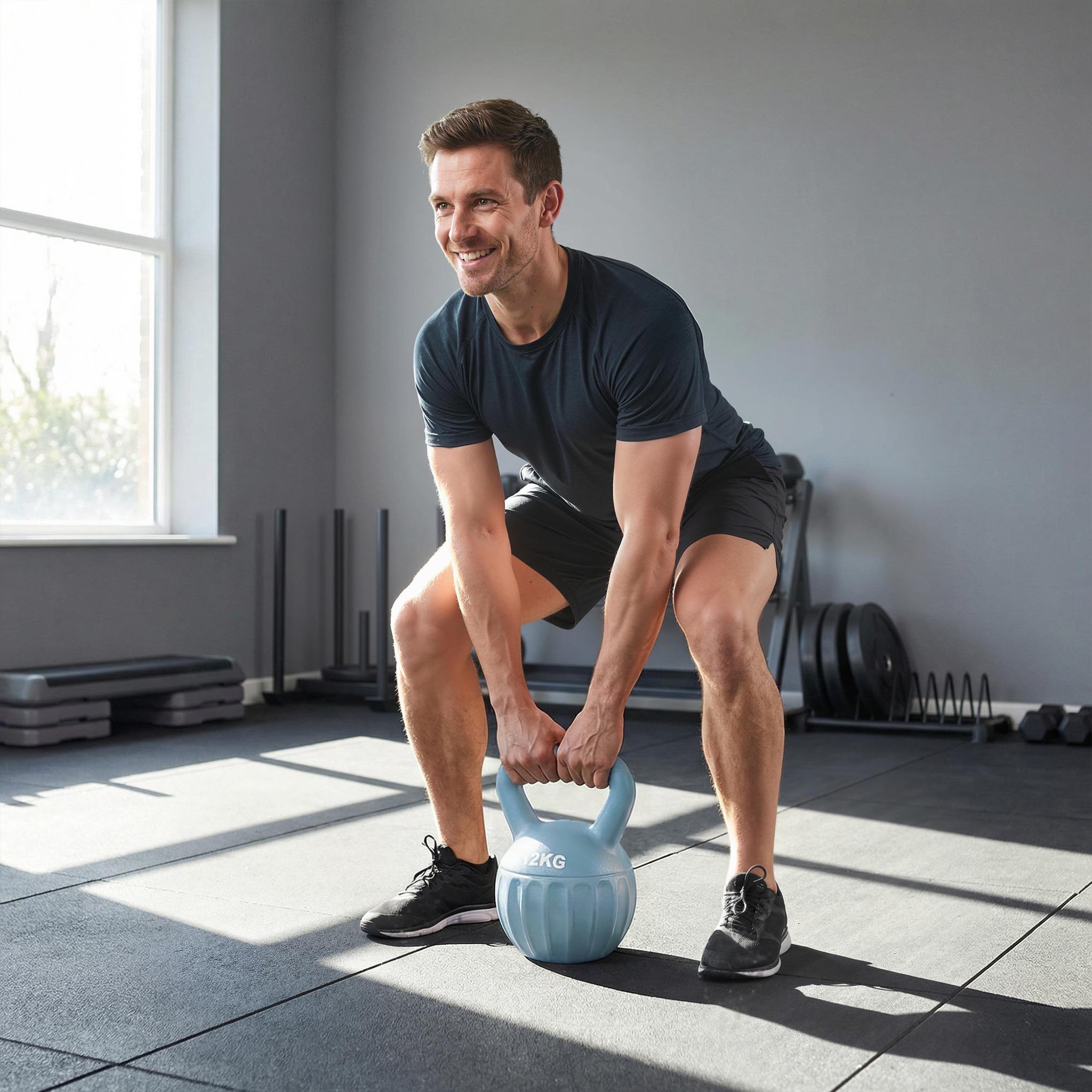 Voir la diapositive 6 : HOMCOM Kettlebell 12 kg - prise ergonomique - entraînement musculaire & haltérophilie - pp bleu ciel