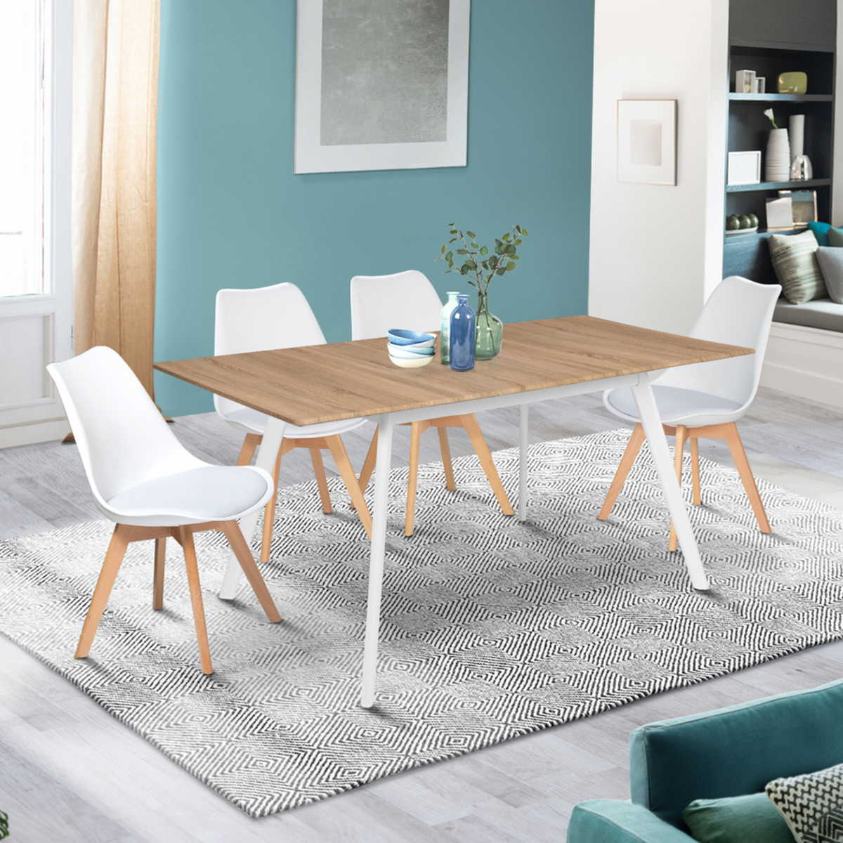 ID MARKET Table scandinave extensible rectangle INGA 4-8 personnes plateau bois pieds blancs 120-160 cm