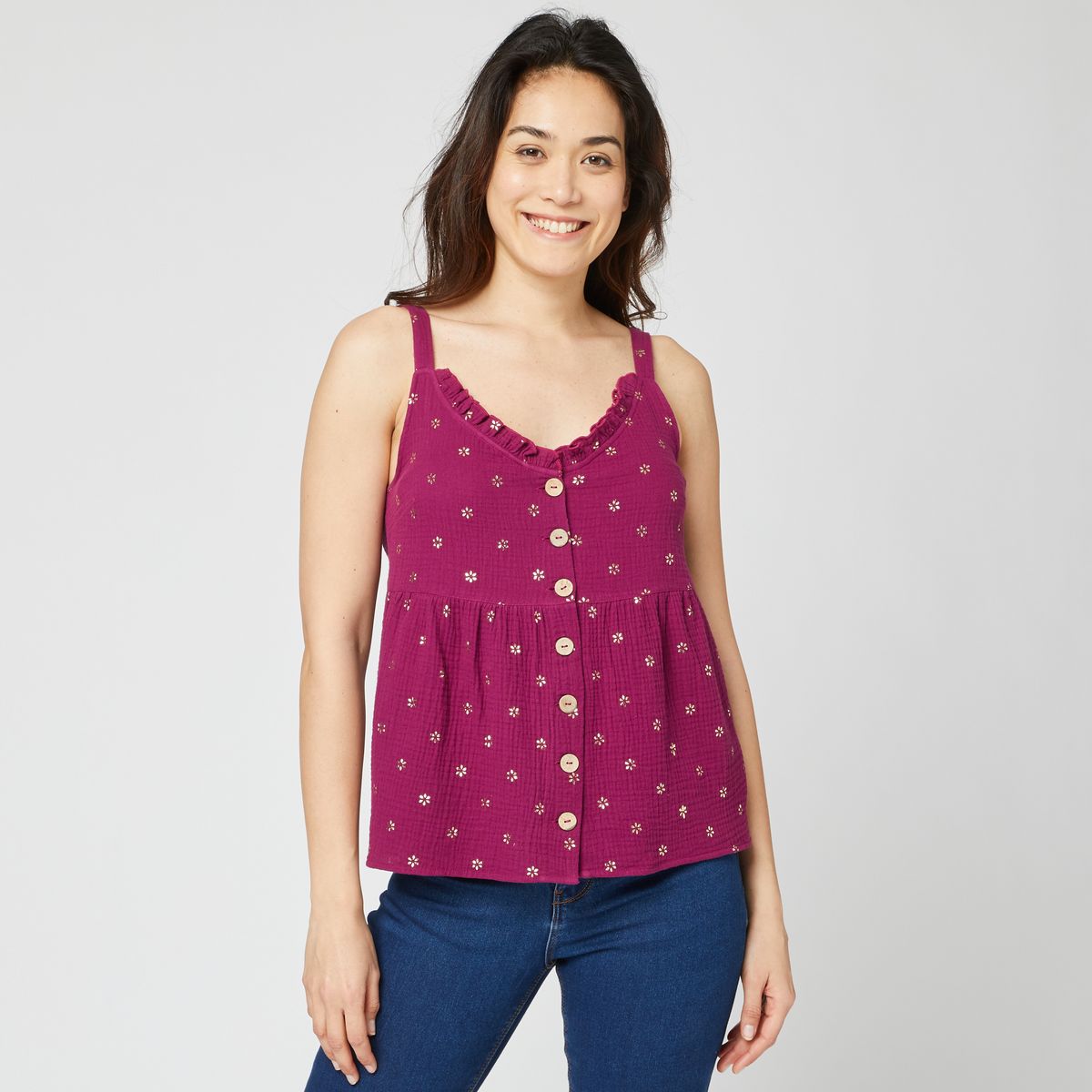 IN EXTENSO Top violet fleuris avec boutons devant femme