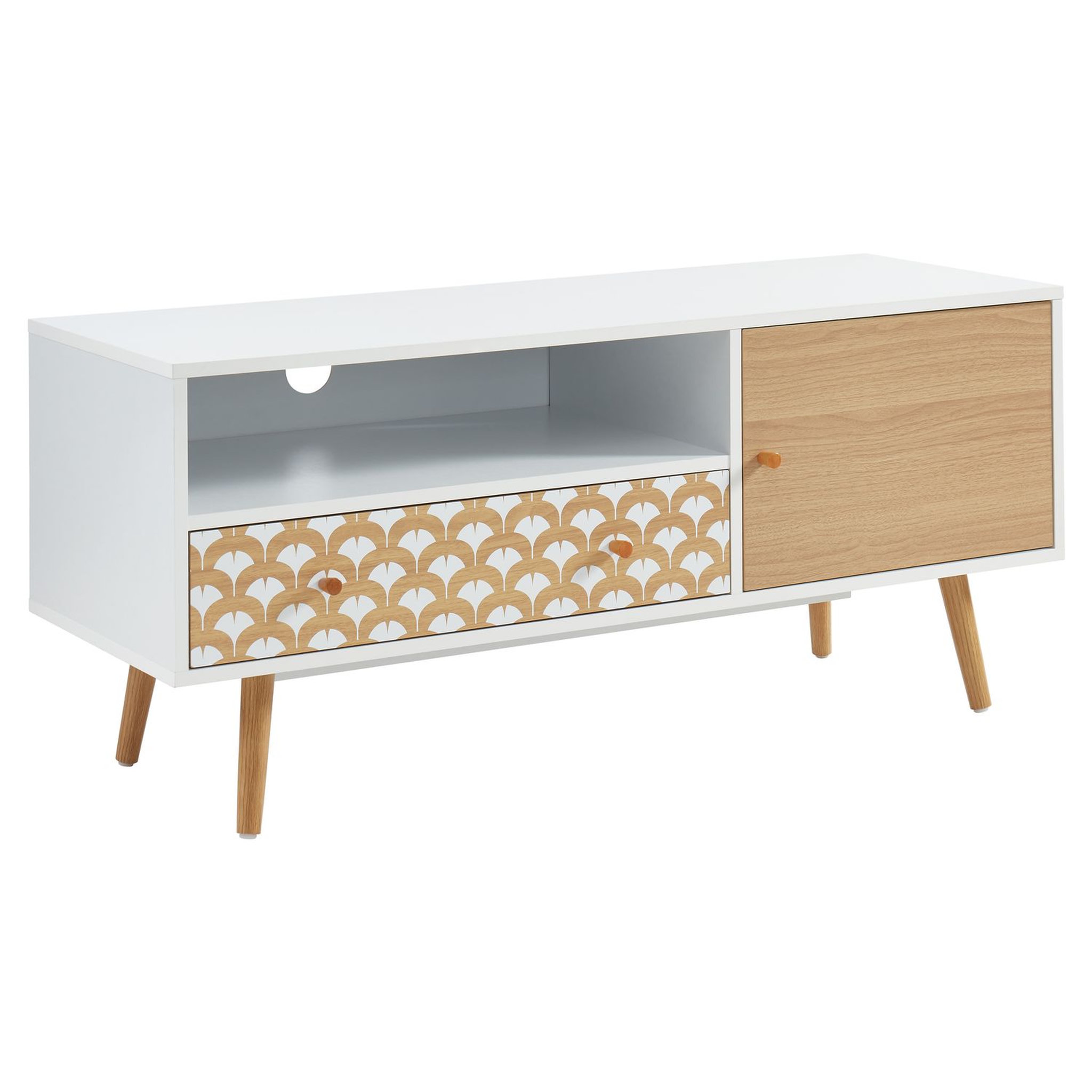 Voir la diapositive 1 : Meuble TV scandinave à imprimés - 1 porte 1 tiroir - décor bois et blanc - L115cm OHIO