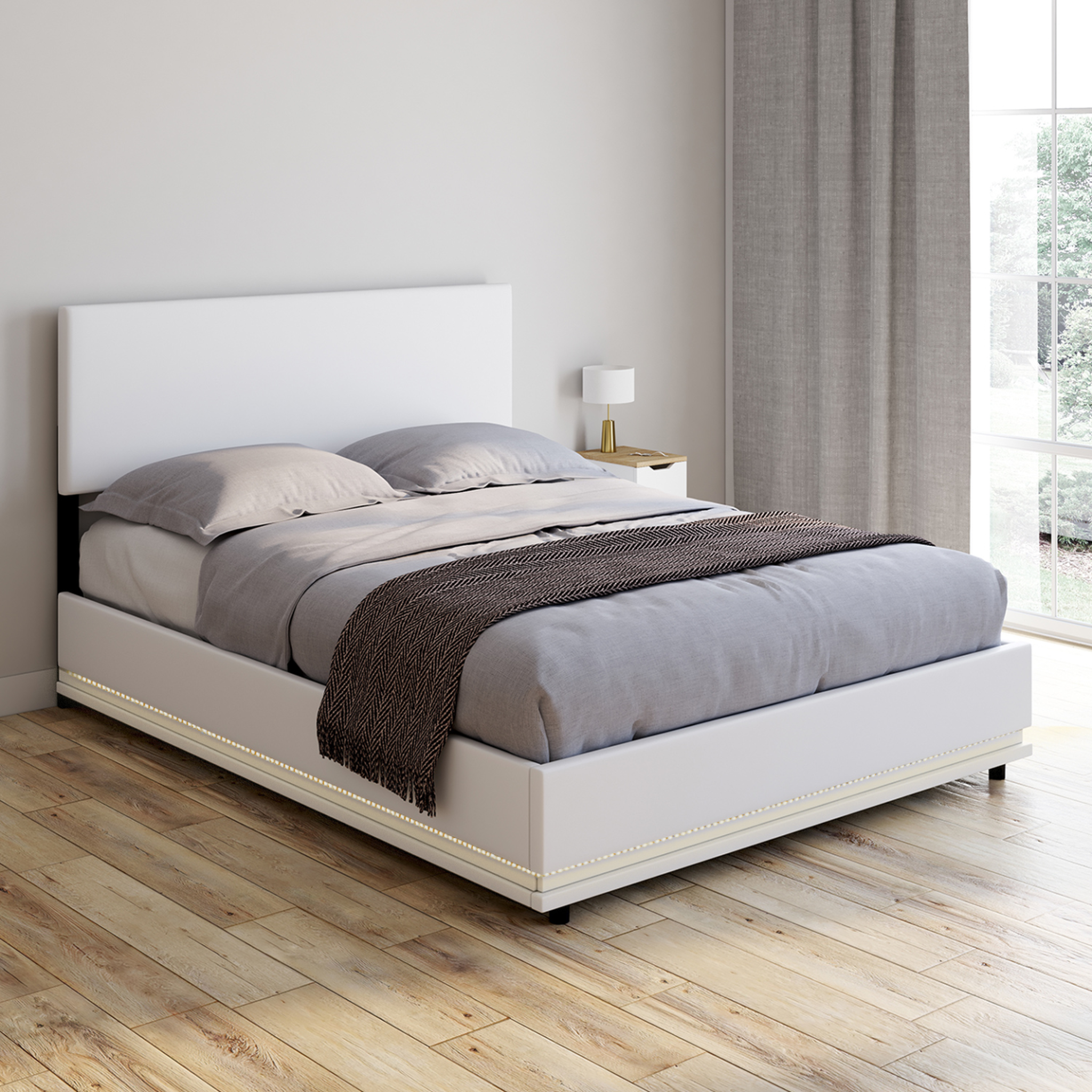 Voir la diapositive 4 : ID MARKET Lit coffre double owen avec led intégrées + tête de lit et sommier 140 x 190 cm pvc blanc