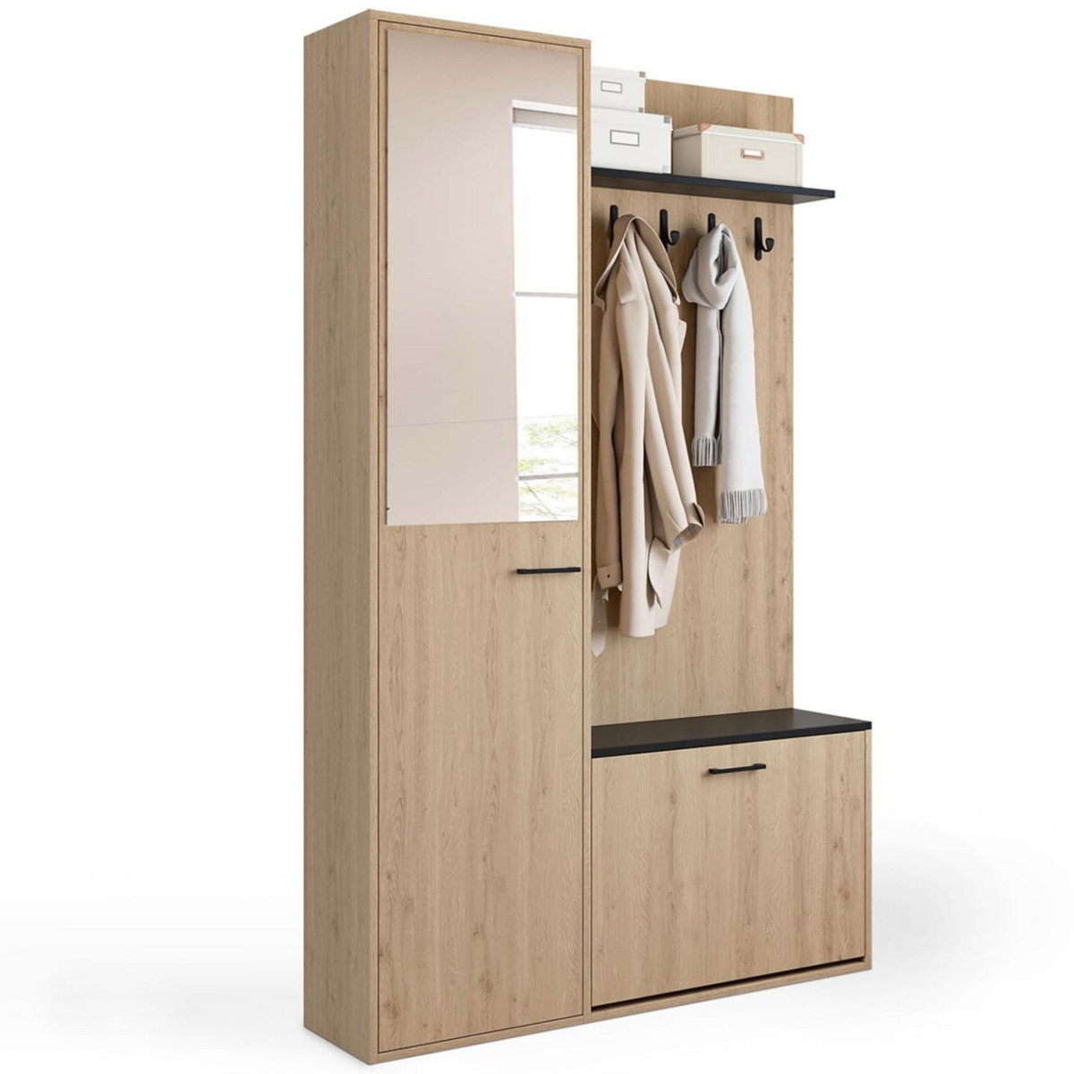ID MARKET Vestiaire d'entrée rangement chaussures avec miroir et étagères MAHAUT 1 porte effet bois et noir