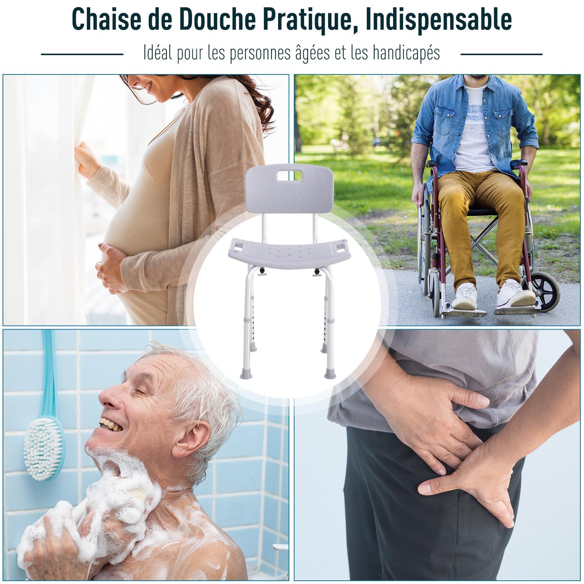 Voir la diapositive 2 : HOMCOM Chaise de douche siège de douche ergonomique hauteur réglable pieds antidérapants charge max. 136 kg alu hdpe gris