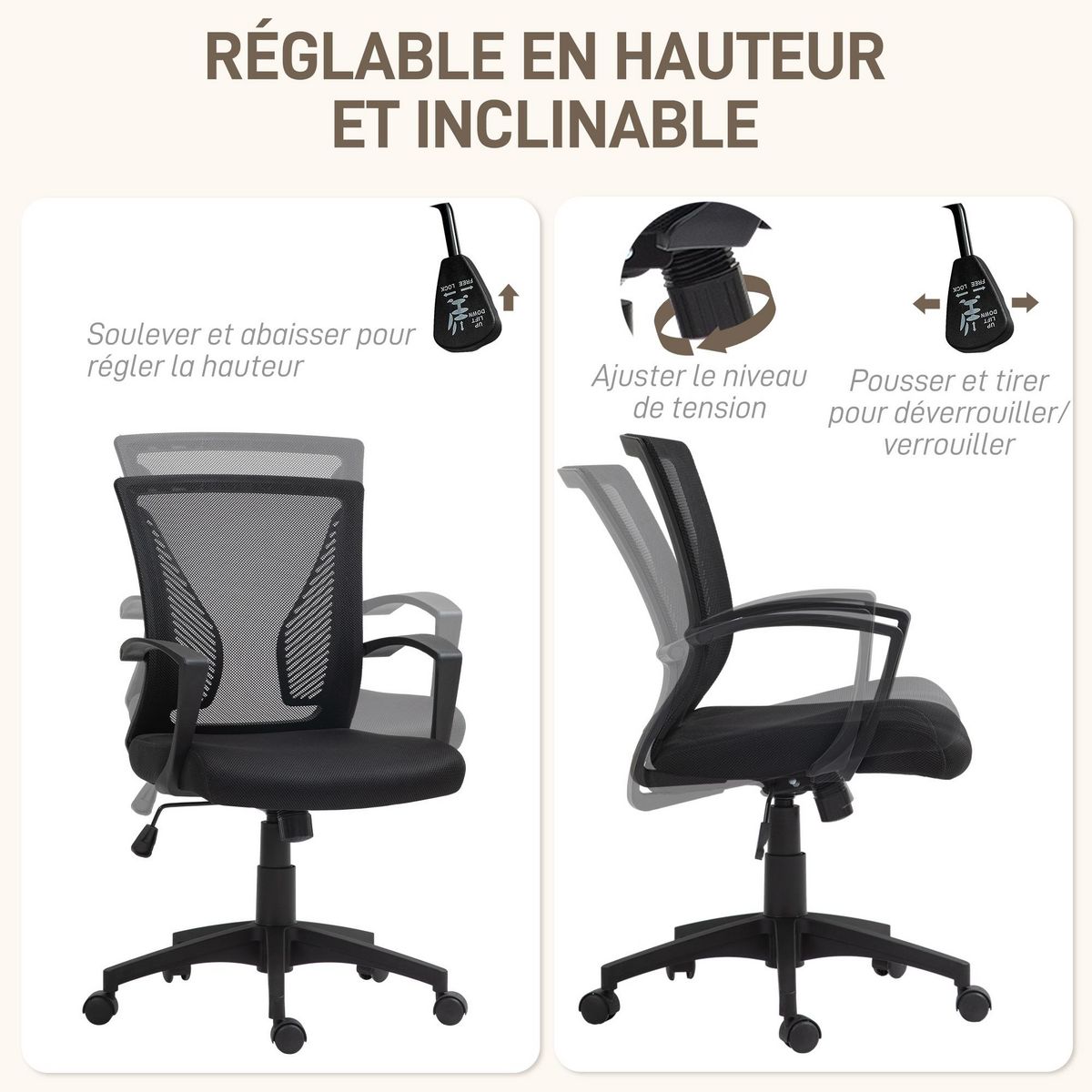 HOMCOM Chaise de bureau ergonomique - soutien lombaire intégré, fonction bascule verrouillable - polyester maille noir