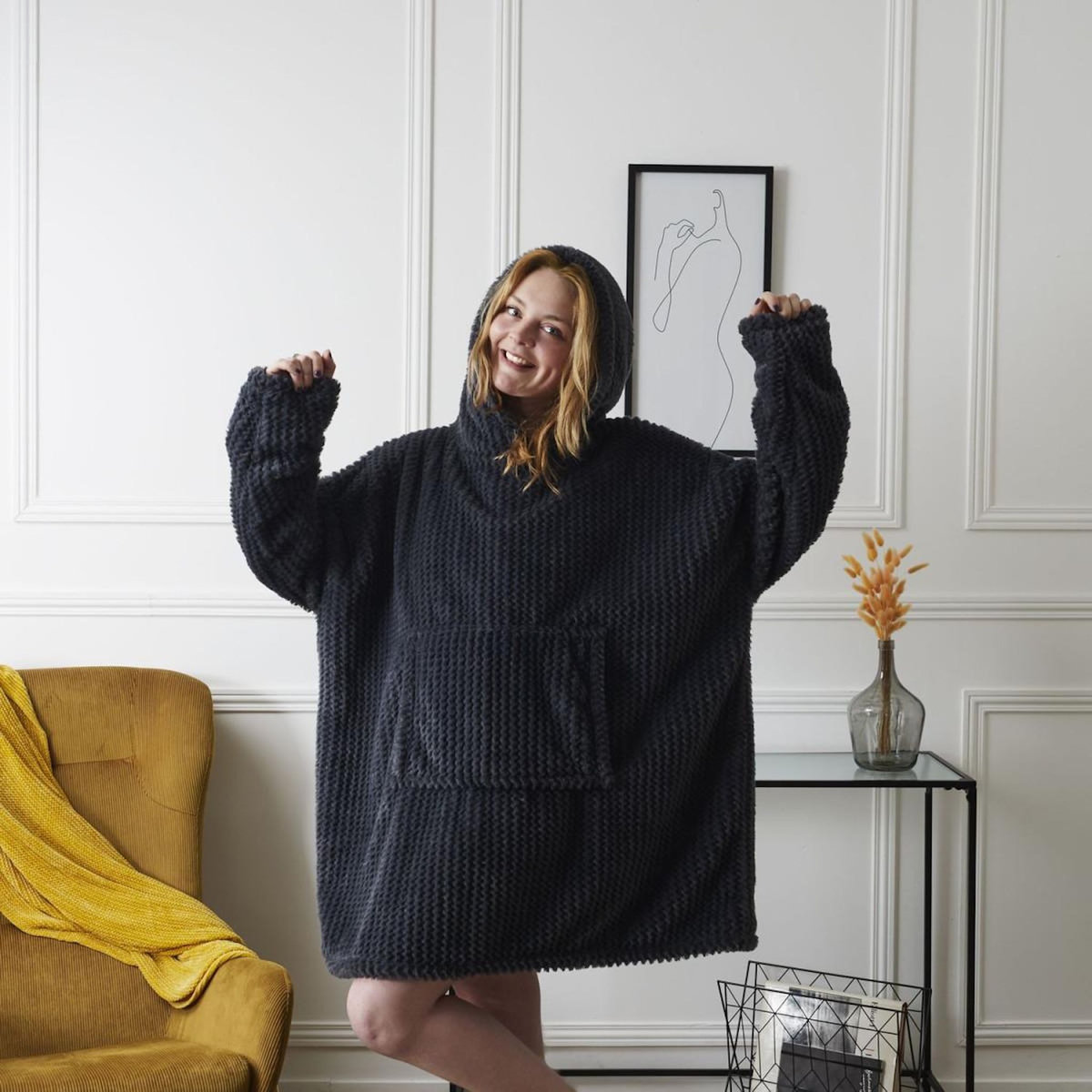 Paris Prix Plaid Sweat à Capuche  Chevron  85x115cm Gris Foncé